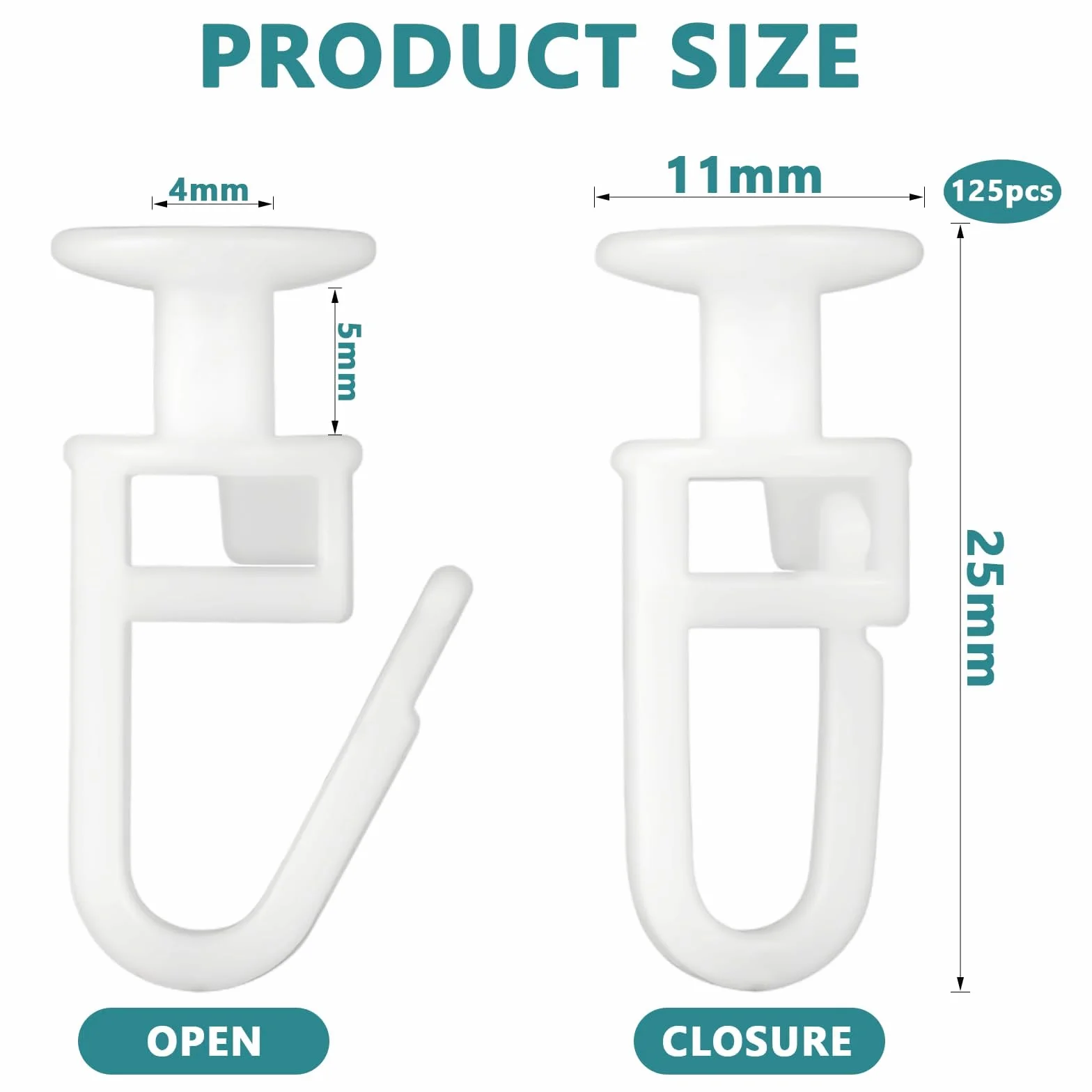 Crochets de Rideau Tête 11 mm 125 Pièces pour Rails et Tringles Plafond