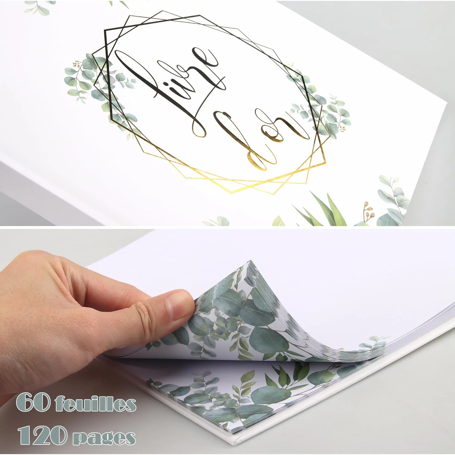 Livre d'or Mariage Motifs Floraux 21.5x21.5 cm Couverture Rigide 120 Pages Scrapbooking (Feuilles d'eucalyptus)