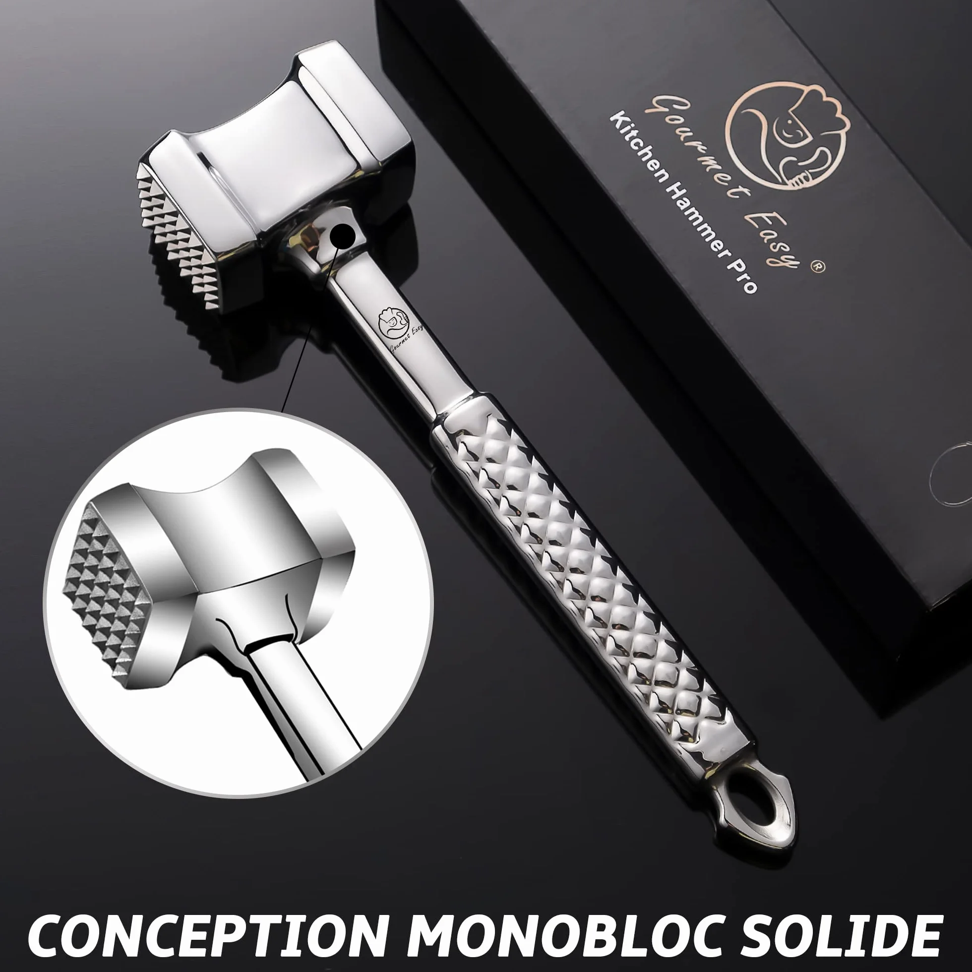 Attendrisseur de viande en inox - Marteau à viande double face professionnel - Gourmet Easy