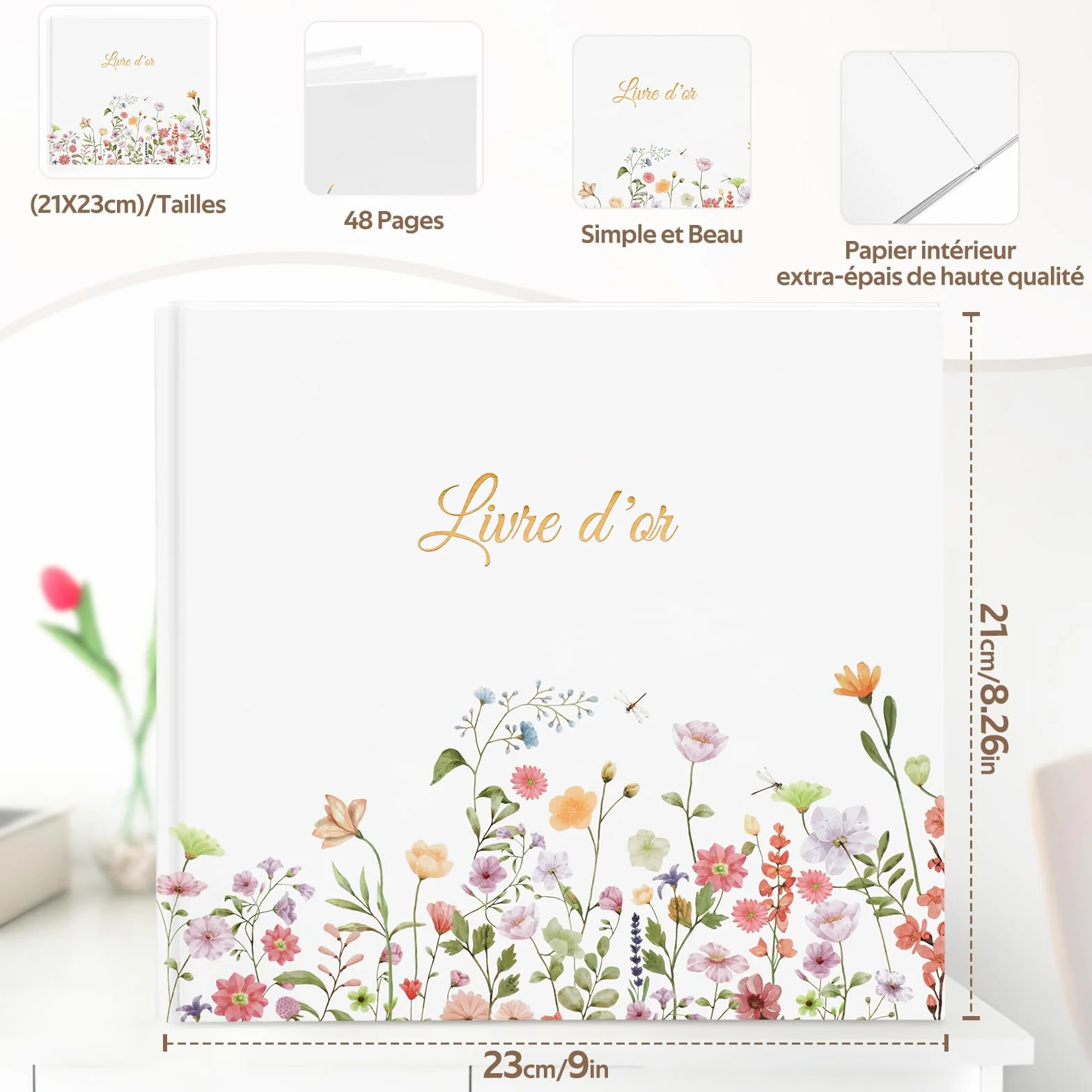Livre d'or Mariage 40 Autocollants 46 Pages Doubles Papier épais 21x23cm Couverture Rigide Blanc