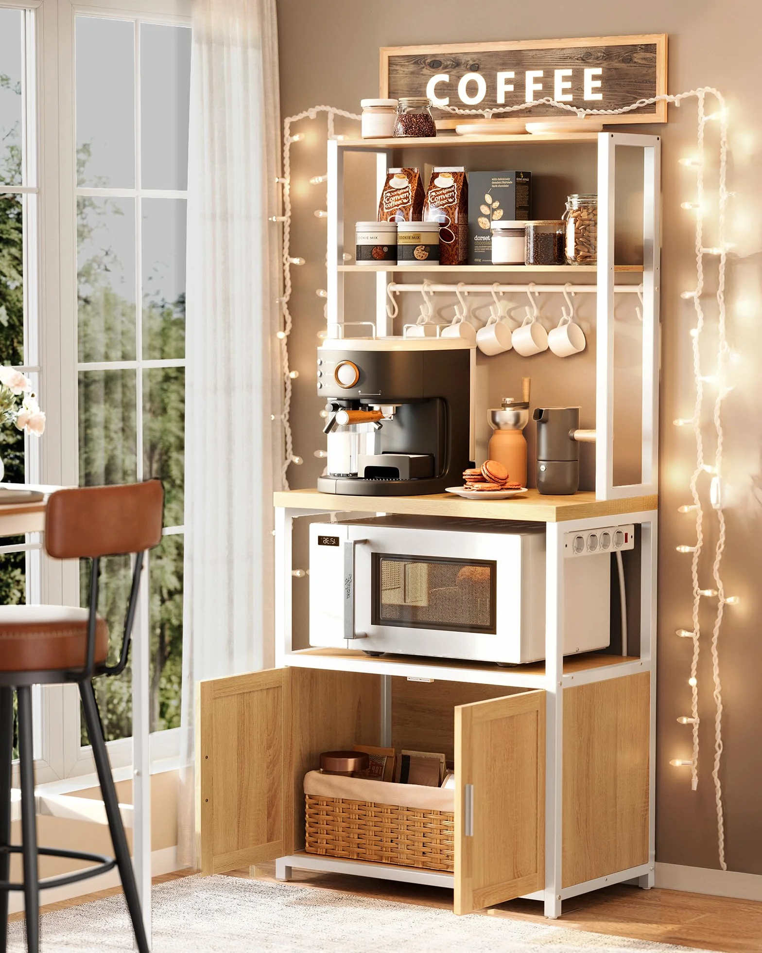 VASAGLE Étagère de Cuisine avec Multiprise, Bar à Café, 90 cm, 40 x 60 x 170 cm, Doré Chêne et Blanc Nuage