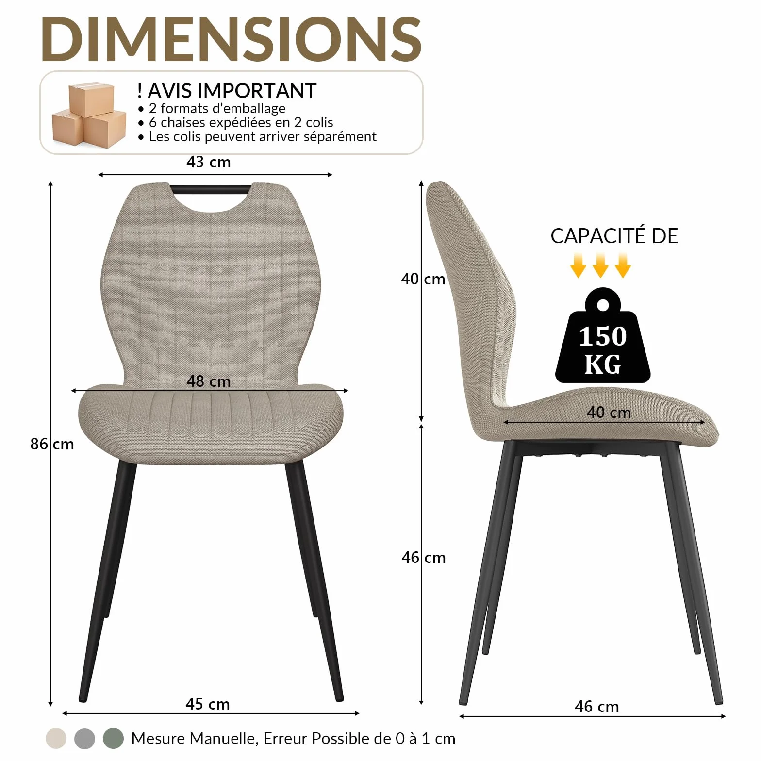 JIJIAN Lot de 6 Chaises de Salle à Manger, Chaise tapissée, Dossier en Tissu, Pieds en Métal, Gris Brun