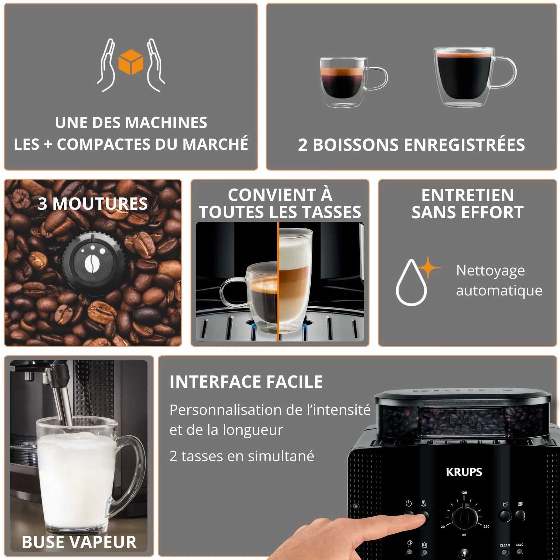 Krups Machine à café grain Essential noire YY8125FD, expresso 2 tasses, nettoyage automatique, buse vapeur cappuccino