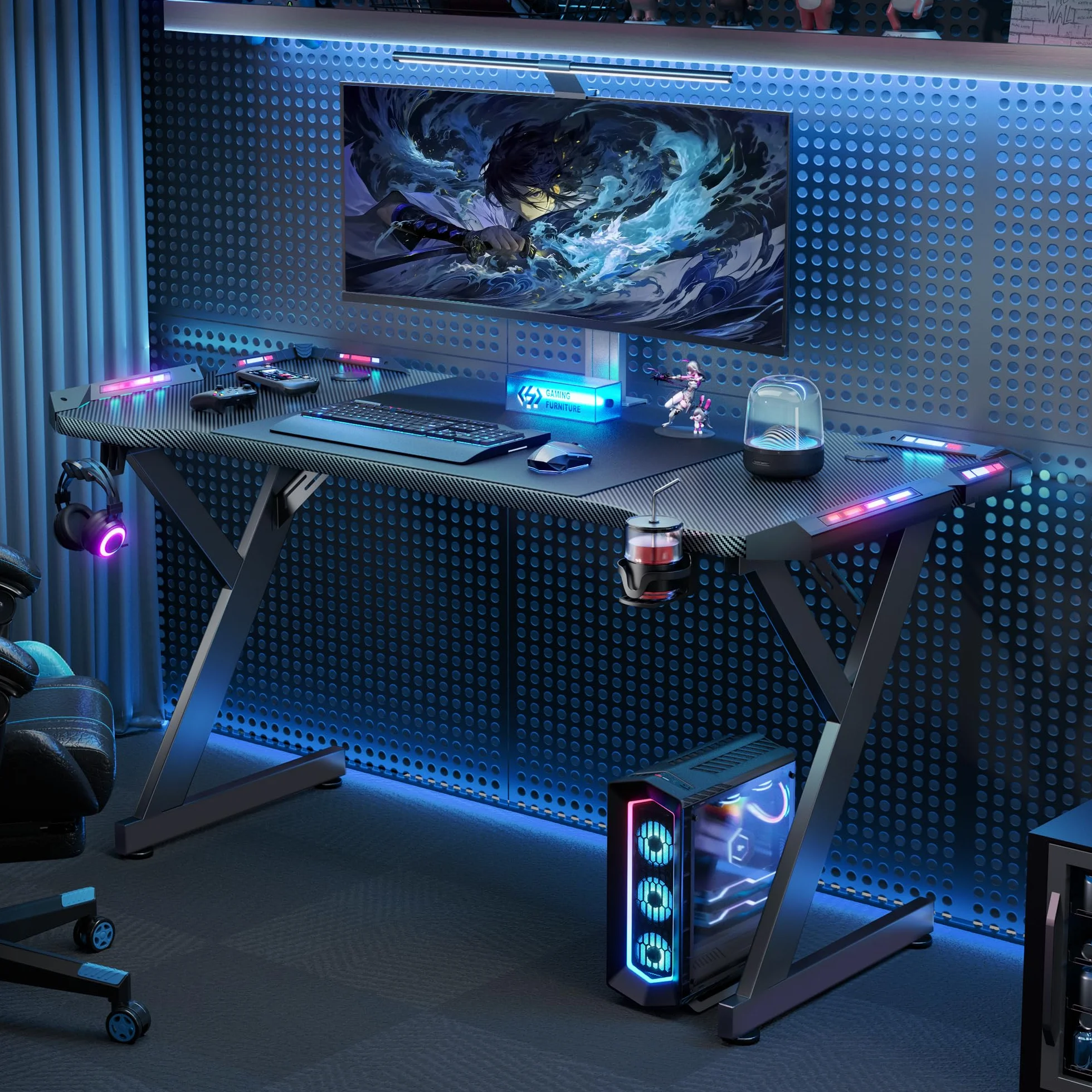 Bureau Gaming LED 120 x 60 cm, Bureau Informatique Ergonomique avec Porte-gobelet et Crochet pour Casque, Plateau en Fibre de Carbone, Table Gaming Noire