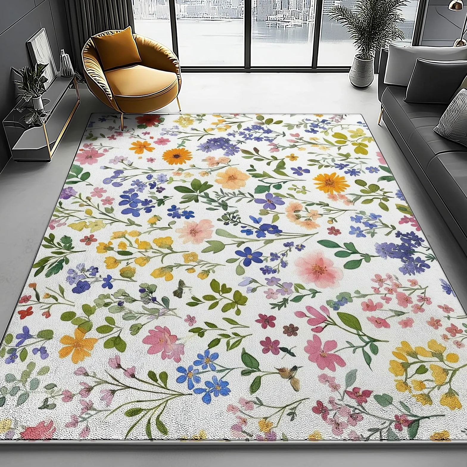 Tapis de Salon 80x150 cm Antidérapant Lavable en Machine Motif Aquarelle Fleurs Sauvages