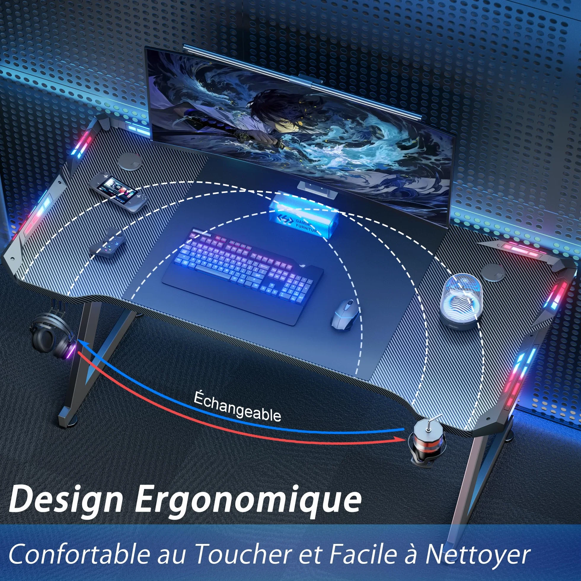 Bureau Gaming LED 120 x 60 cm, Bureau Informatique Ergonomique avec Porte-gobelet et Crochet pour Casque, Plateau en Fibre de Carbone, Table Gaming Noire