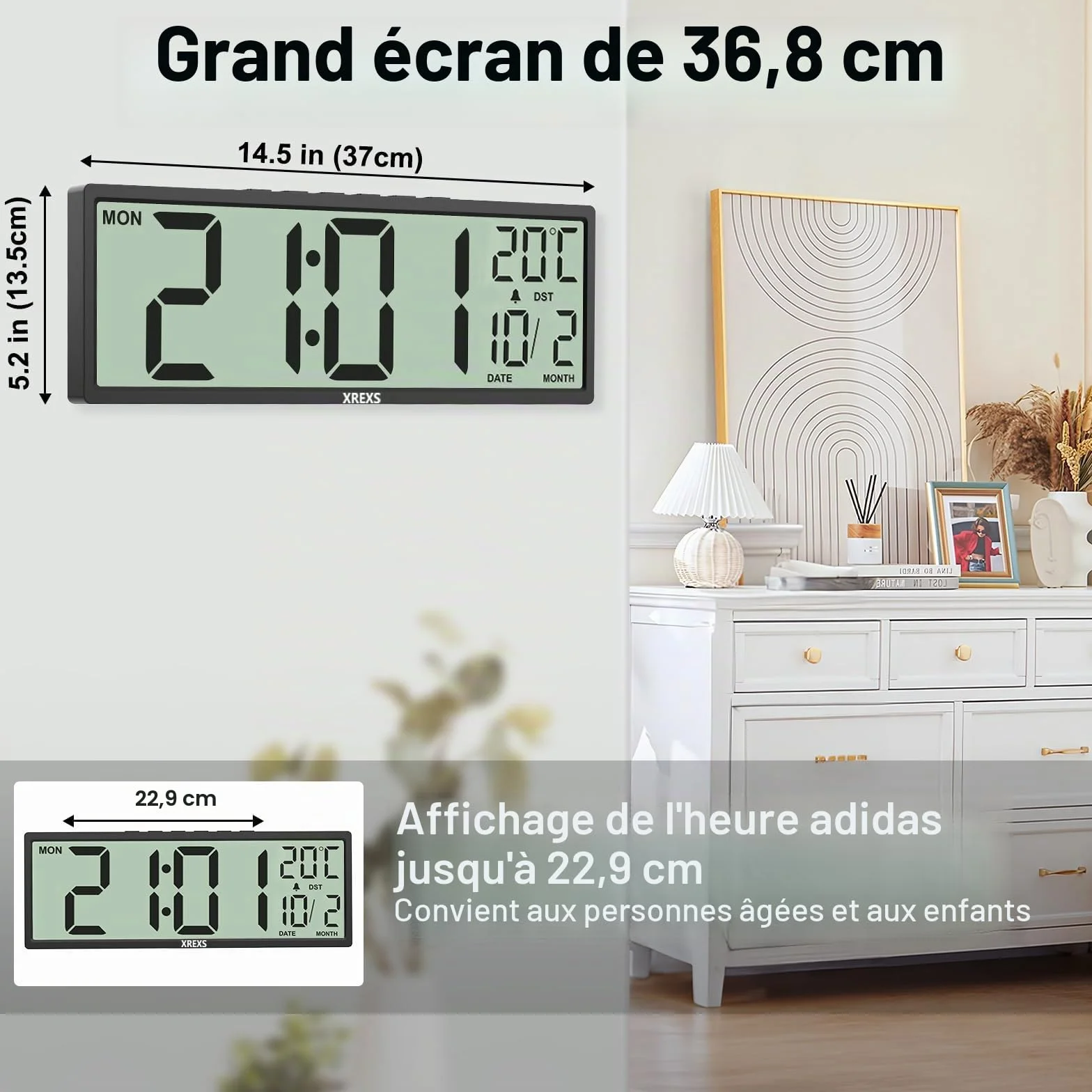 XREXS Horloge Murale Numérique 14,5 Pouces Heure Calendrier Température DST Piles Noir