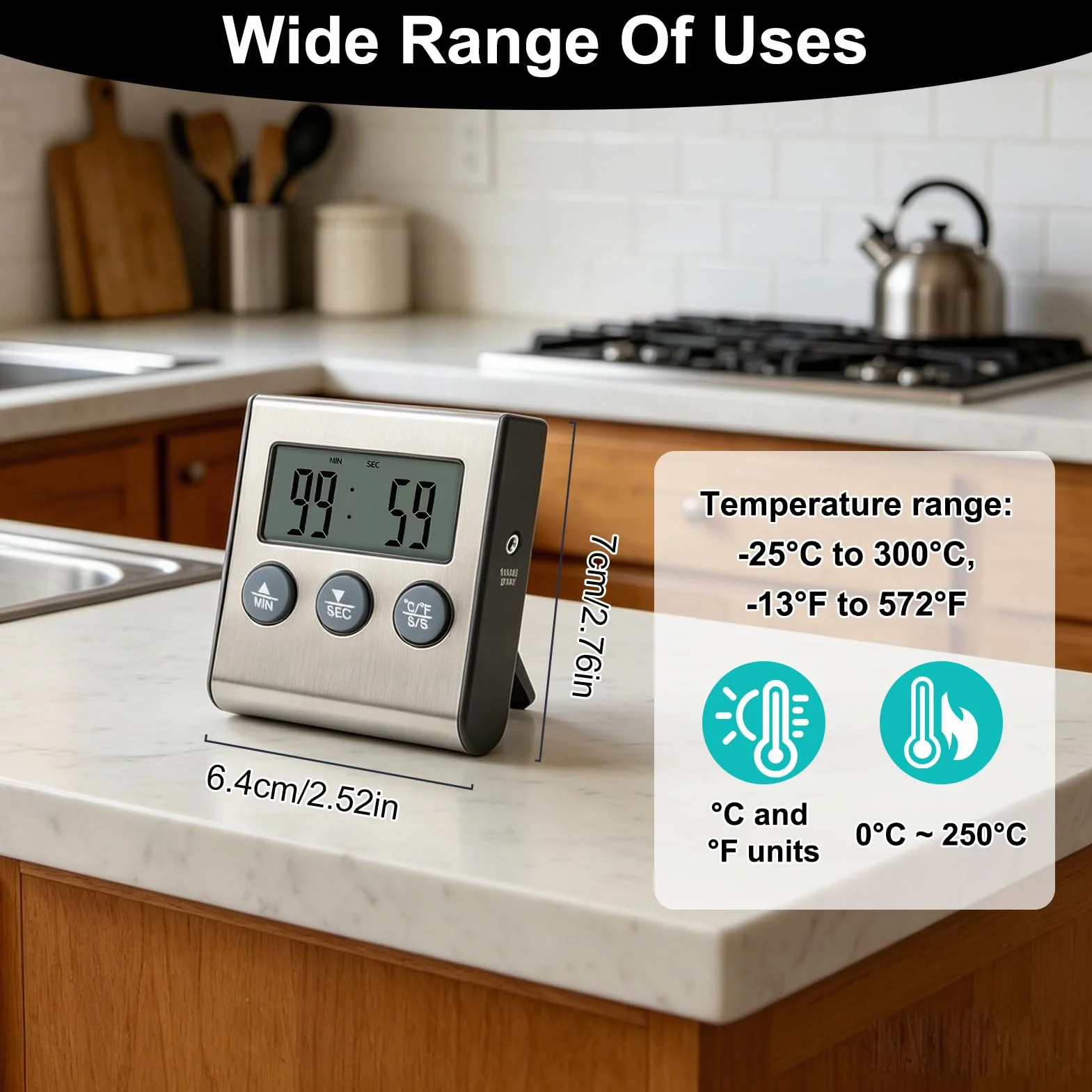 Thermomètre de Cuisson Numérique avec Grand Écran LCD, Sonde en Acier Inoxydable, Minuterie pour Four, Gril et Barbecue
