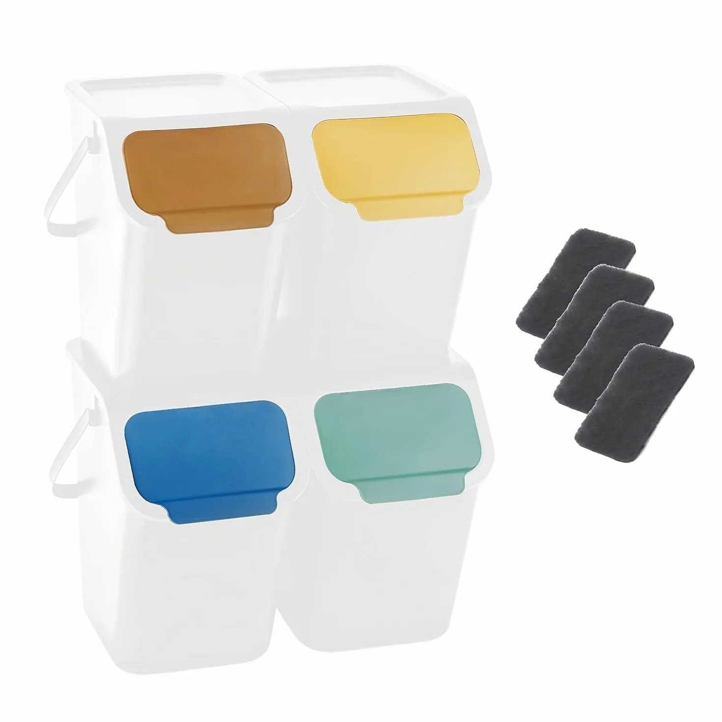 Set de Poubelles de Cuisine 25L 4 Pièces avec Couvercle et Filtre à Charbon Blanc