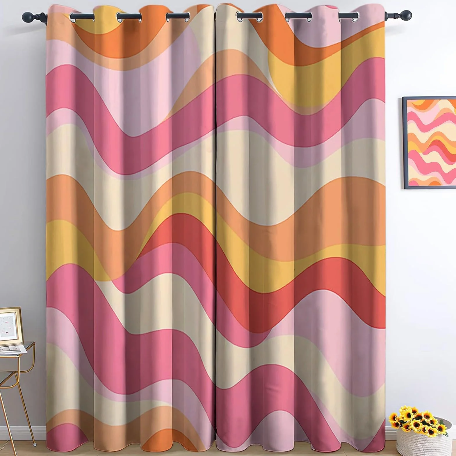 Rideaux Isolants 110x215 cm 2 Panneaux Anti-Chaleur Opaque Design Tribal Rétro Abstrait Rose Orange