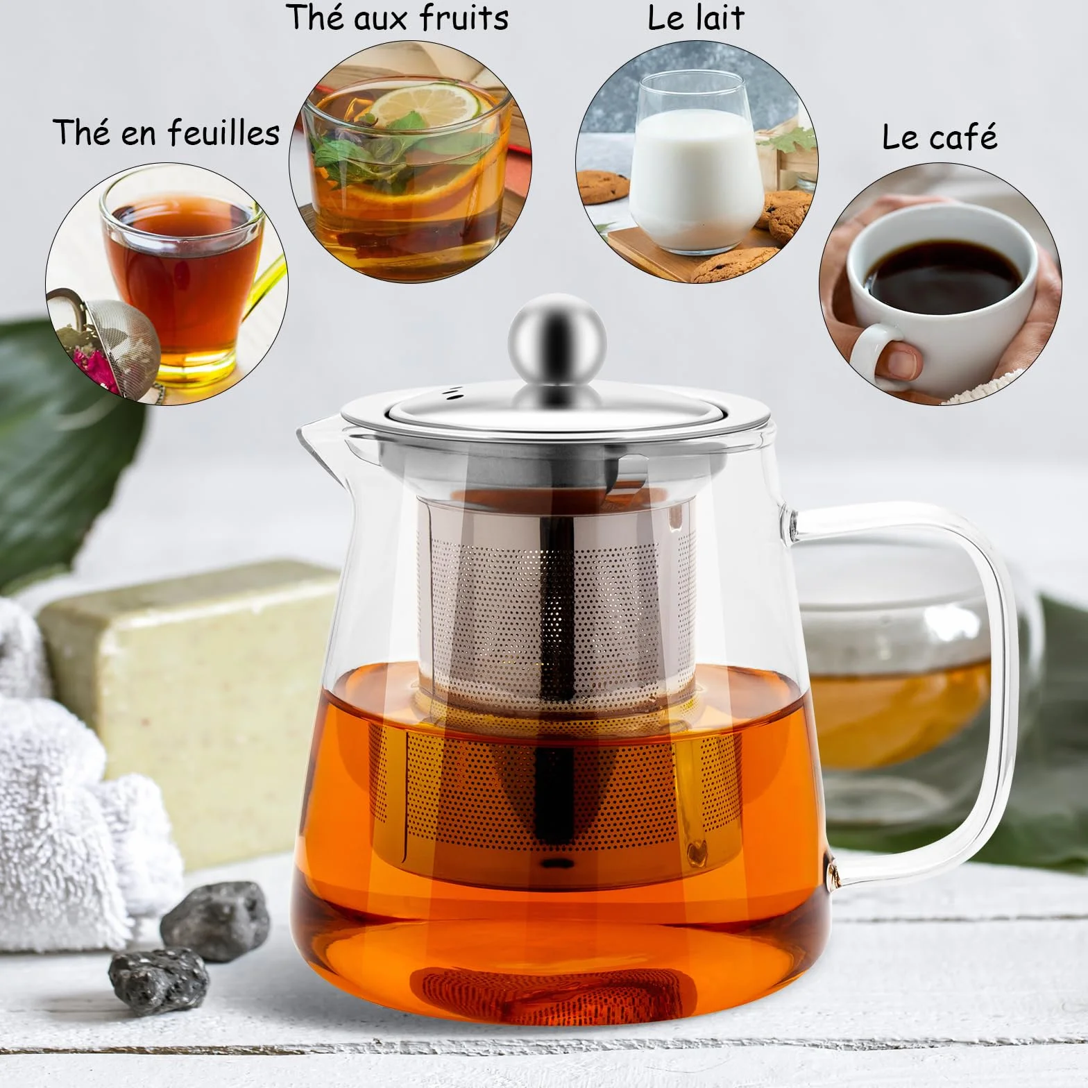 Théière en Verre Borosilicate 950ml avec Infuseur Acier Inoxydable 304 pour Thé en Vrac