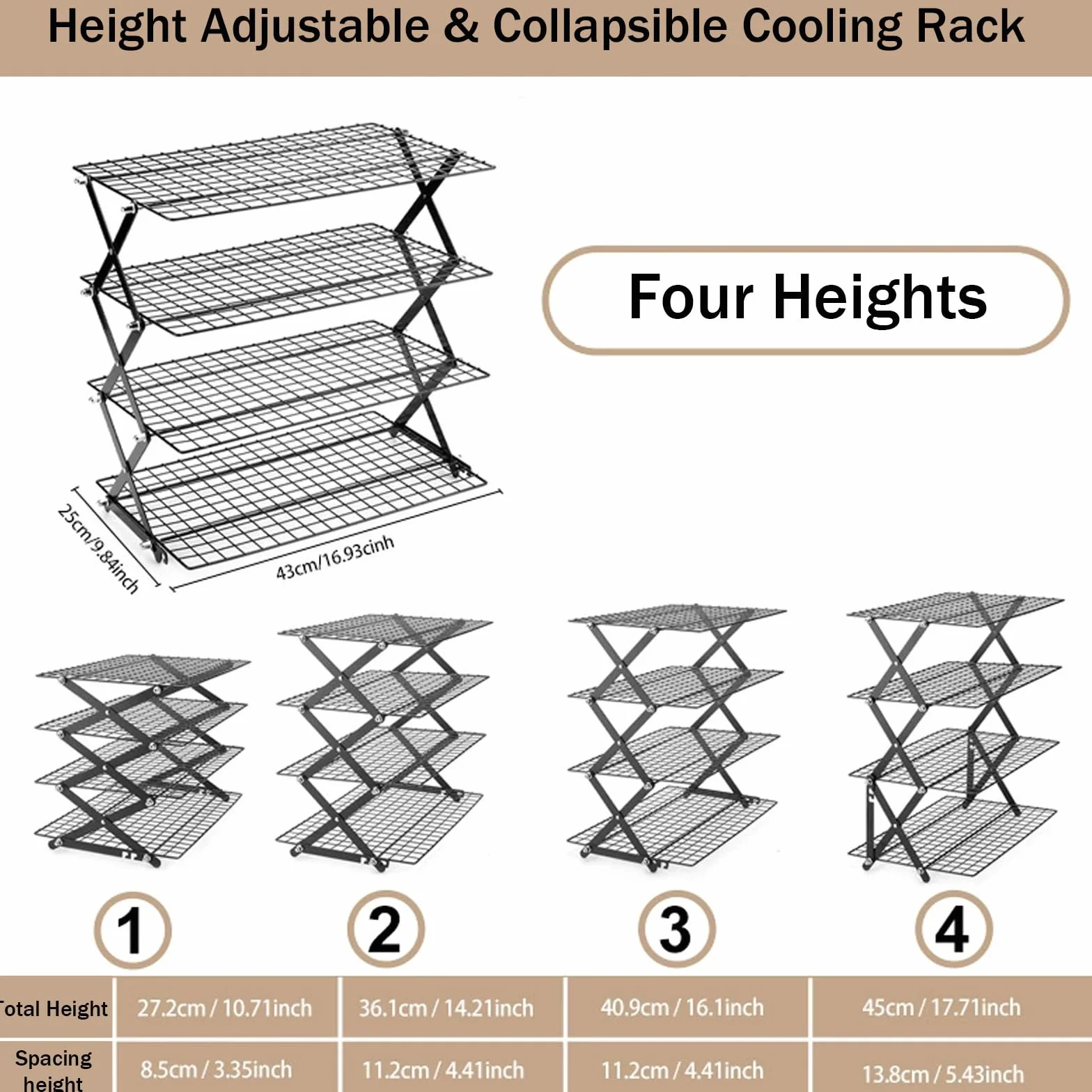 Grille de Refroidissement Pâtisserie 4 Niveaux Pliable, Hauteur Réglable, Four et Lave-Vaisselle Safe
