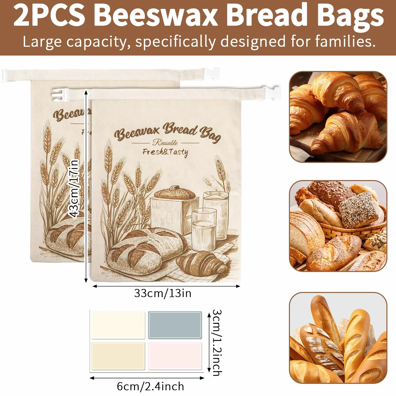 Sacs à Pain en Cire d'Abeille Lot de 2 Réutilisables en Lin et Sans BPA avec Doublure TPU 43 x 33 cm