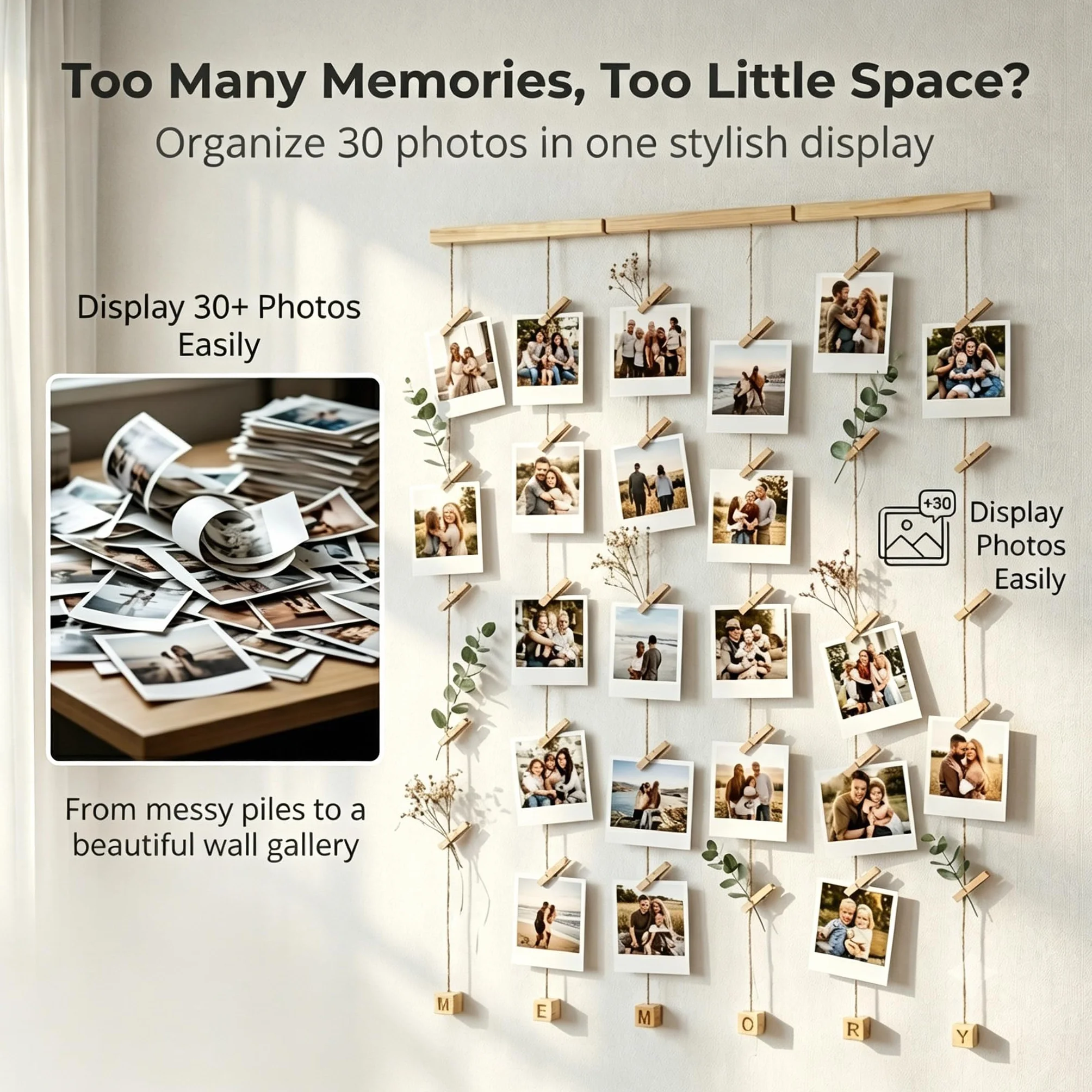 Cadre Photo Mural Avec Corde Porte-Photos 30 Pinces Couleur Bois Naturel Décoration Maison Cadeau