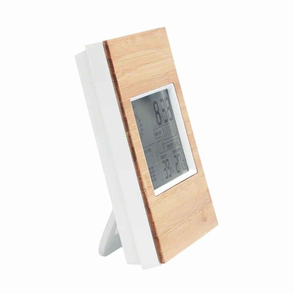 Thermomètre d'intérieur en bambou véritable, horloge numérique, hygromètre, station météo LCD avec calendrier et icône de confort
