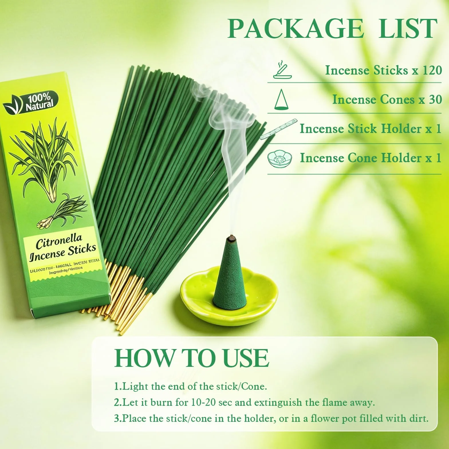 Pack de 120 Bâtonnets d'Encens à la Citronnelle + 30 Cônes avec 2 Porte-encens – Naturel pour Terrasse, Jardin