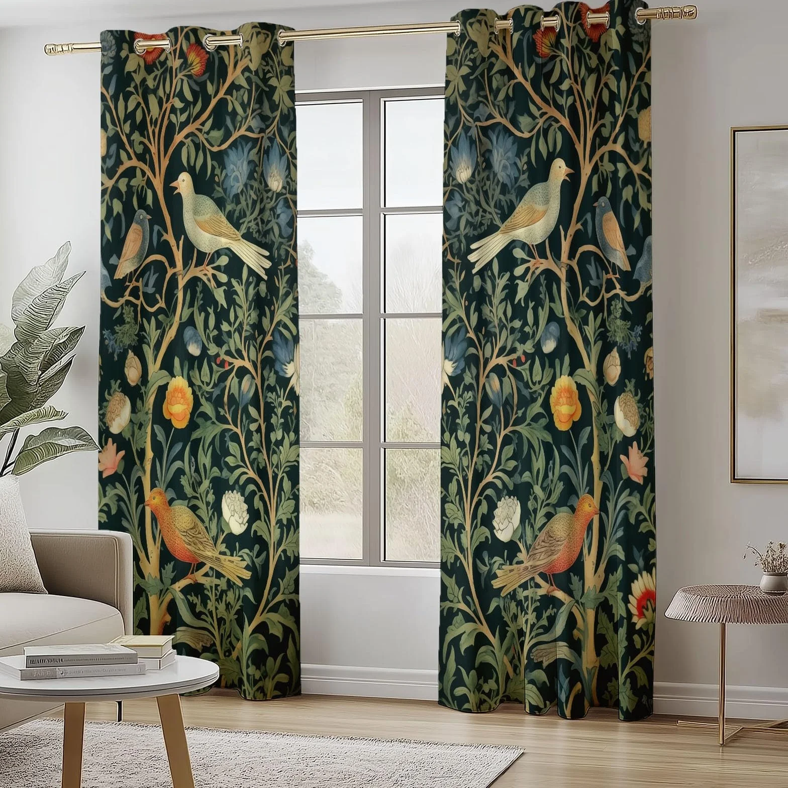 William Morris Fleurs Oiseaux Rideaux à Oeillets 70x240 cm 2 Panneaux Isolant Opaque Vert Foncé Porte-Fenêtre