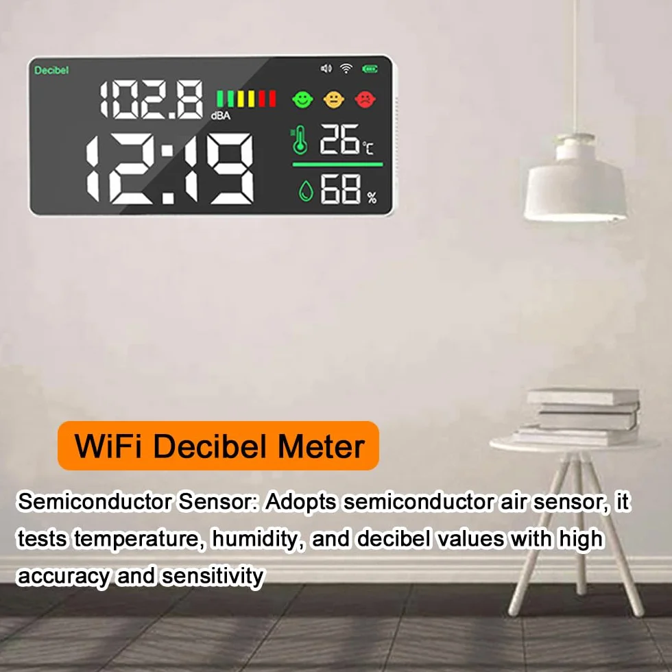 Décibelmètre Sonomètre WiFi 4 en 1, Test de bruit Température Humidité, Réveil, Écran LED 11 pouces