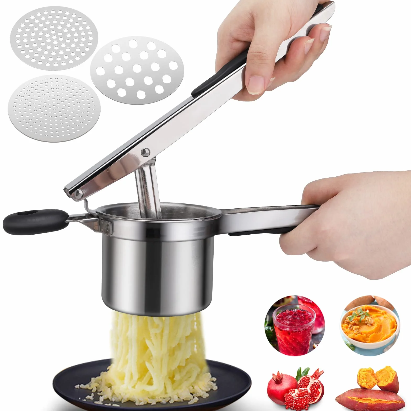 Presse Purée Manuelle Acier Inoxydable avec 3 Disques Interchangeables pour Purée de Pommes de Terre et Jus de Citron
