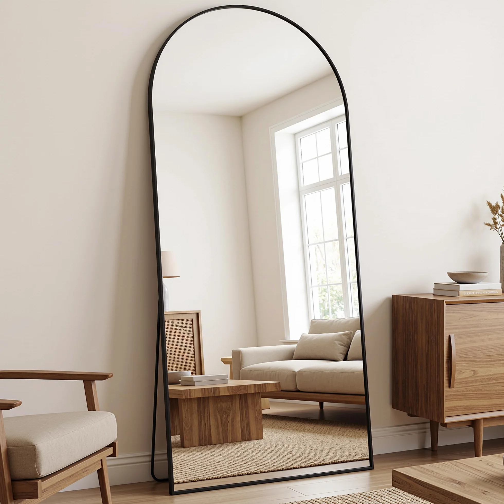 Miroir complet 180 x 82 cm, miroir sur pied bombé, cadre en alliage d'aluminium, noir