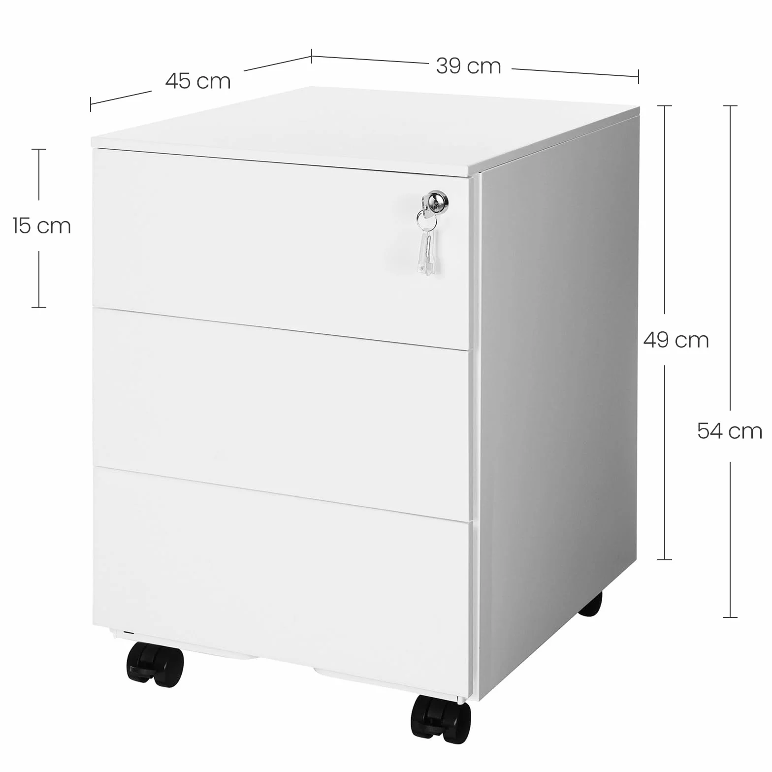 SONGMICS Caisson de Bureau Métallique 3 Tiroirs Verrouillable sur Roulettes 45 x 39 x 54 cm Blanc Mat OFC63WT