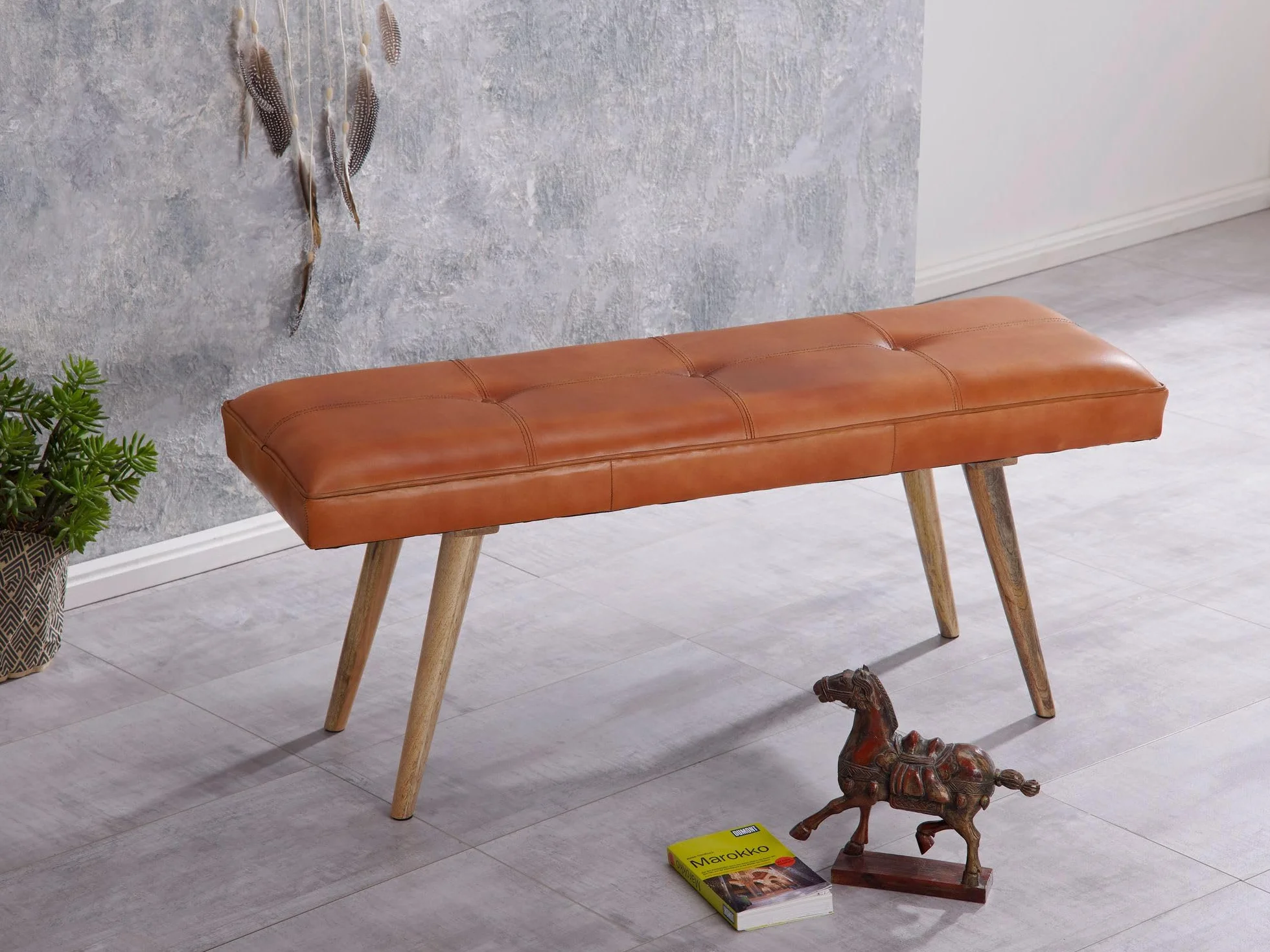 Banc en cuir massif bois 117x51x38 cm style rétro FineBuy