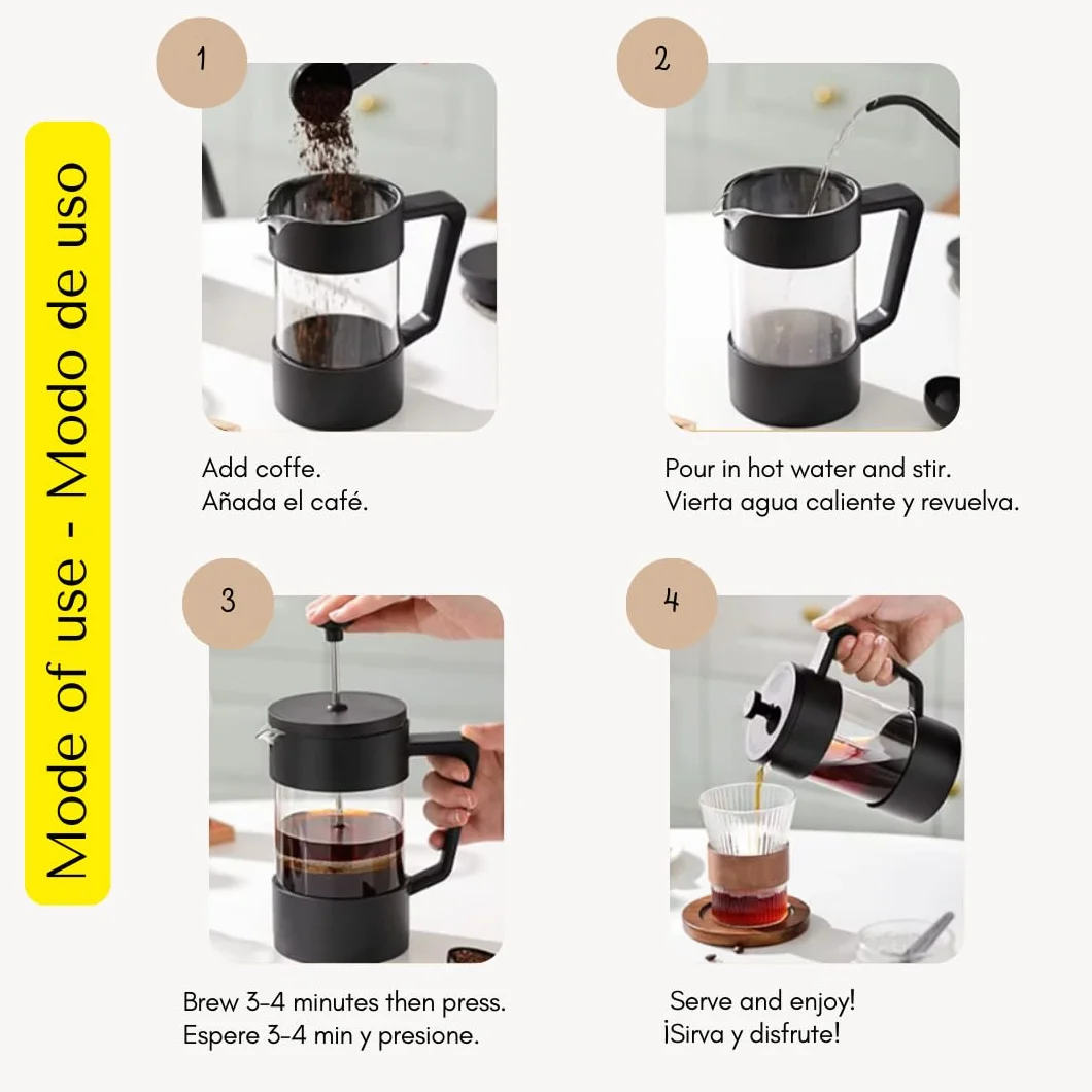Cafetière à piston W&M en verre borosilicate et acier inoxydable, triple filtre - Noir