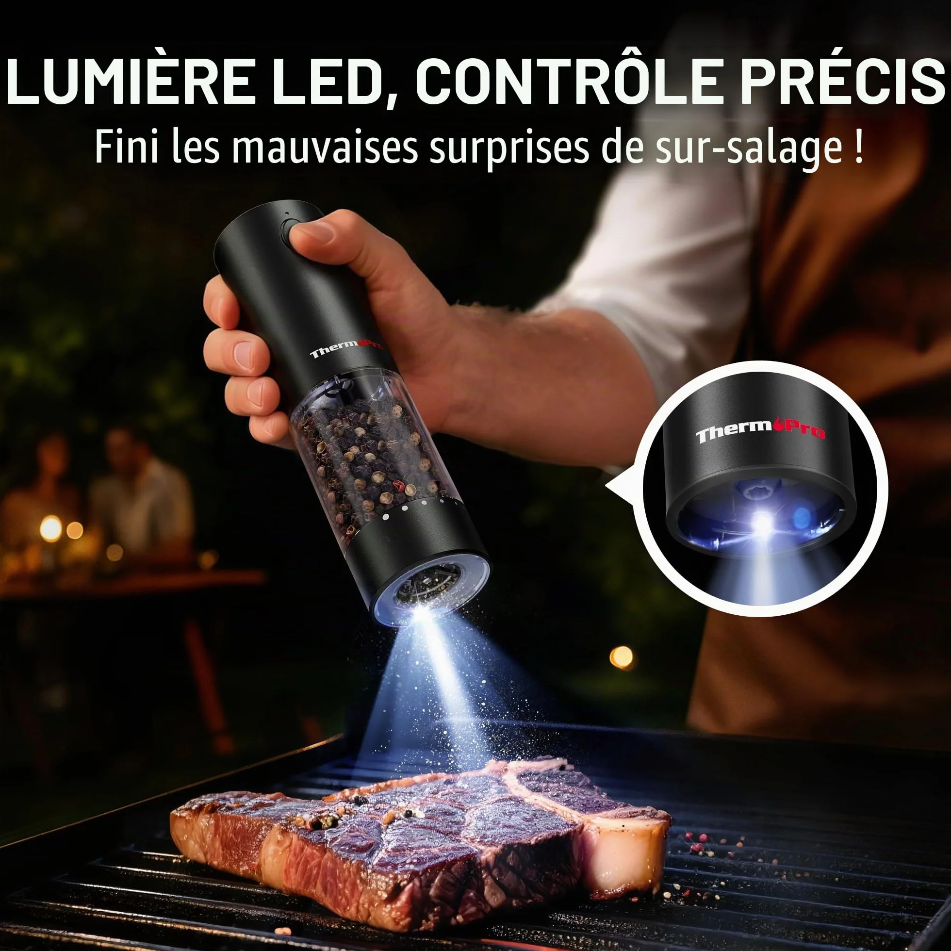 ThermoPro Ensemble de moulins à sel et à poivre électriques rechargeables 110ml avec réglage externe LED