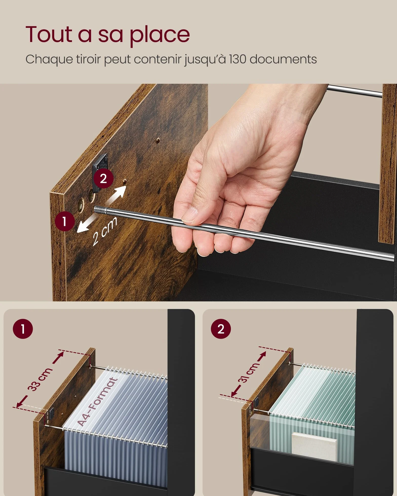 VASAGLE Meuble de Bureau avec 3 Tiroirs Verrouillables, Tringles Réglables, Compatible A4, Marron Rustique et Noir