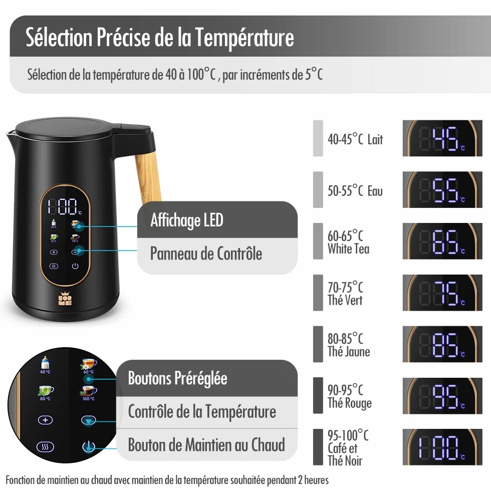 ForMe Bouilloire Electrique Inox 1,7L Contrôle de Température Réglable 40-100°C LED Affichage Maintien au Chaud