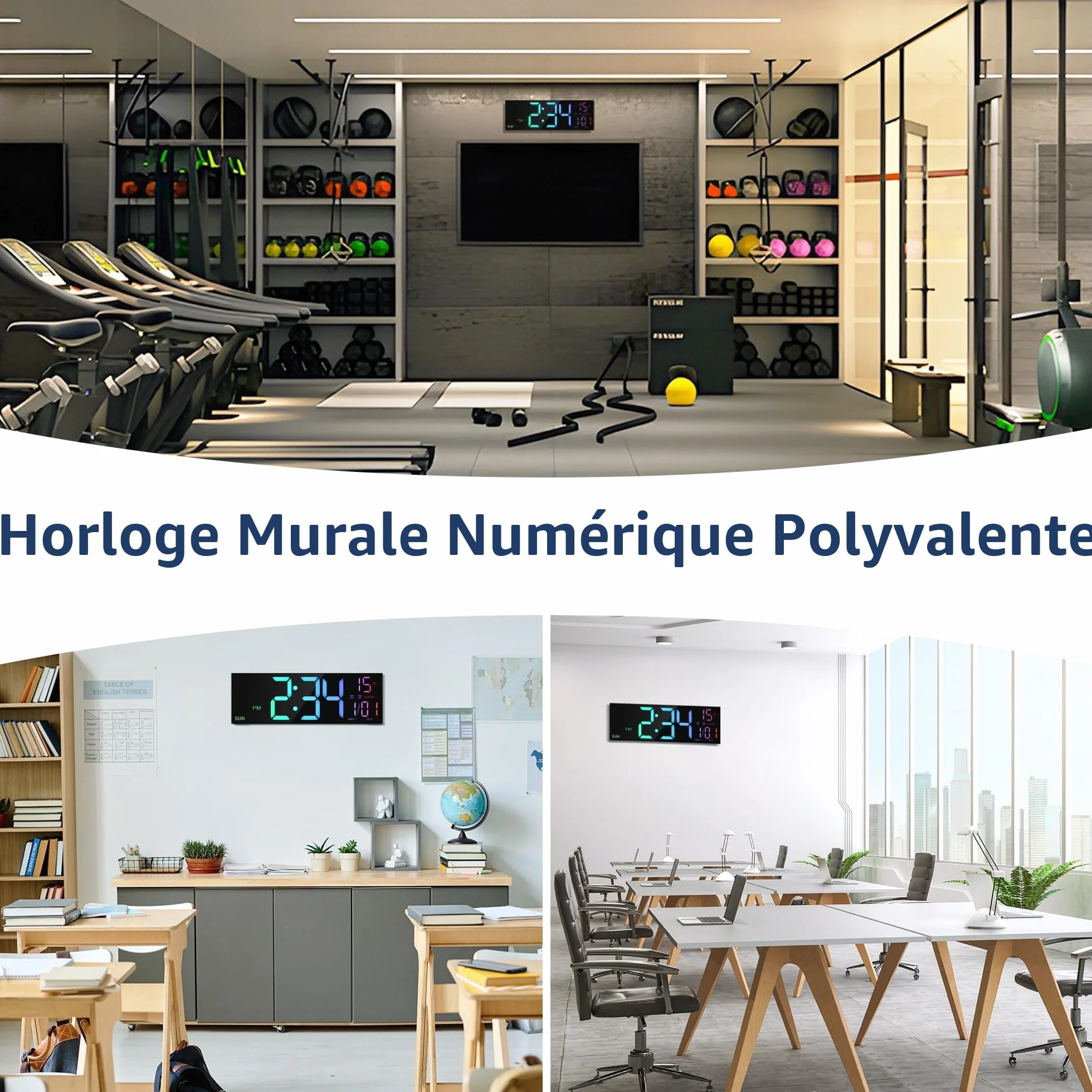 HAITANG Grande Horloge Murale Numérique 16" RVB LED Double Alarme Télécommande Température