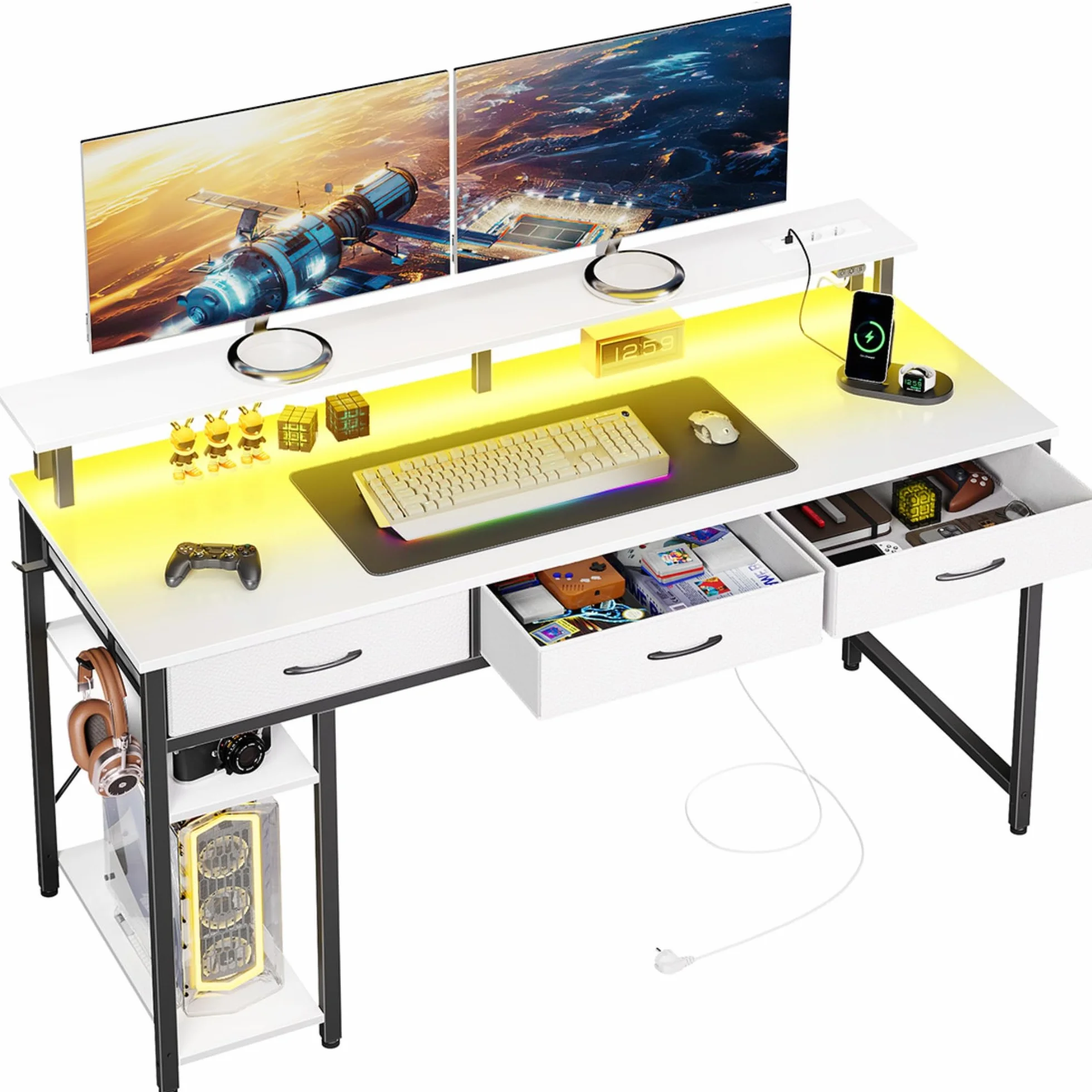Rolanstar Bureau avec Rangement 100 cm - Table Ado 3 Tiroirs LED RGB Prises de Courant, Blanc