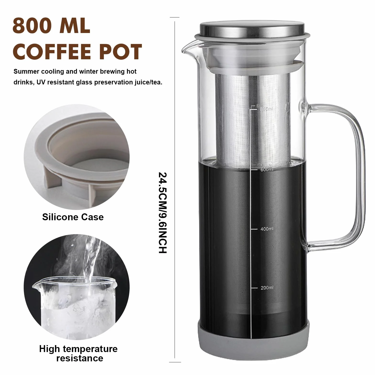 Cafetière Cold Brew Coffee Maker en verre borosilicate 800 ml avec filtre inoxydable 304