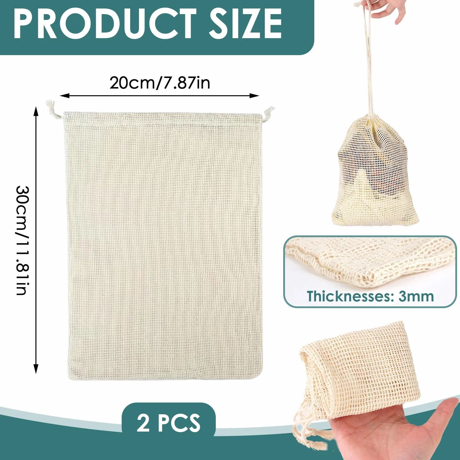 Sac de cuisine réutilisable en maille 20 x 30 cm en coton lavable pour légumineuses