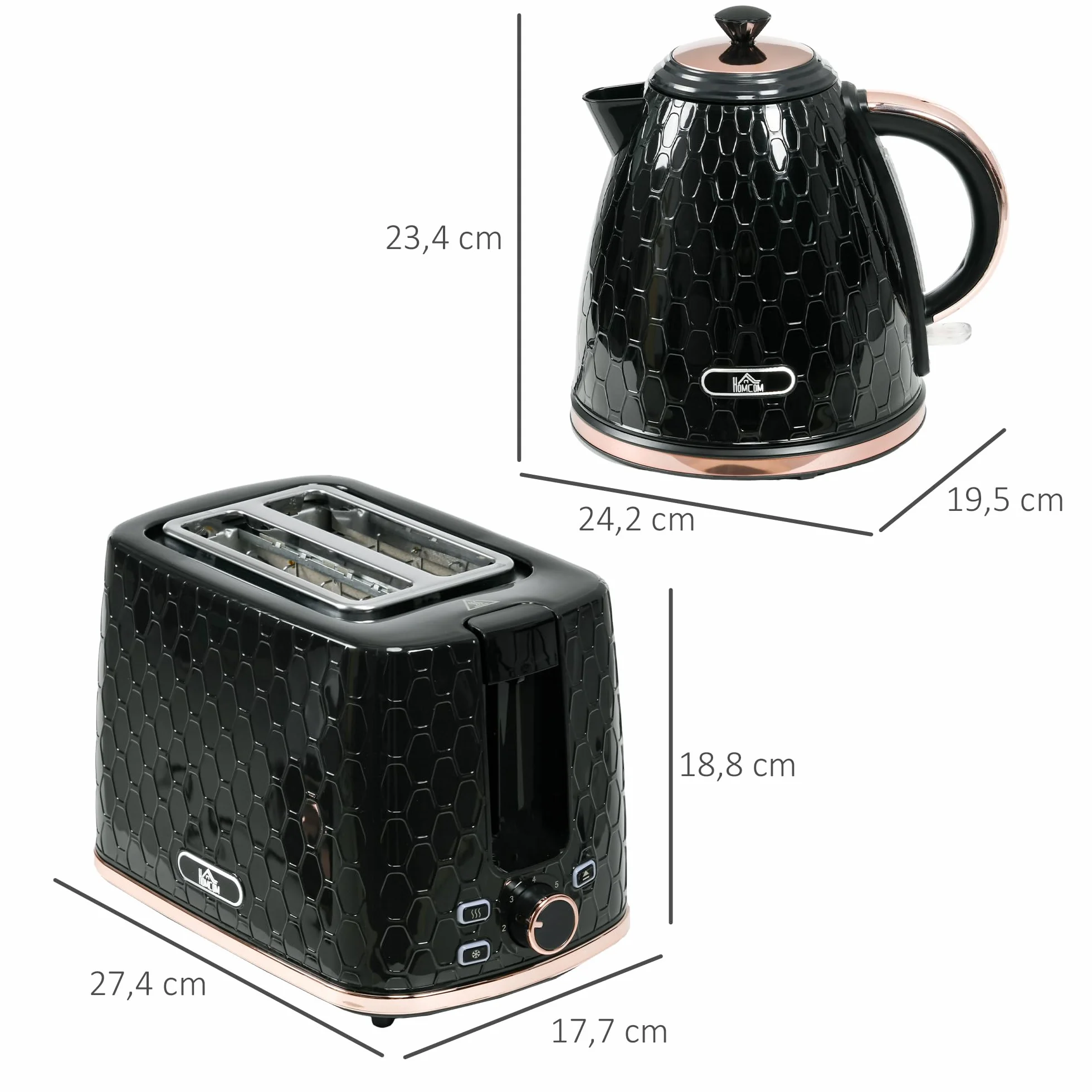 HOMCOM Bouilloire Grille-pain 2200 W 1,7 L Set Petit-déjeuner 2 Disques 7 Niveaux Grillage