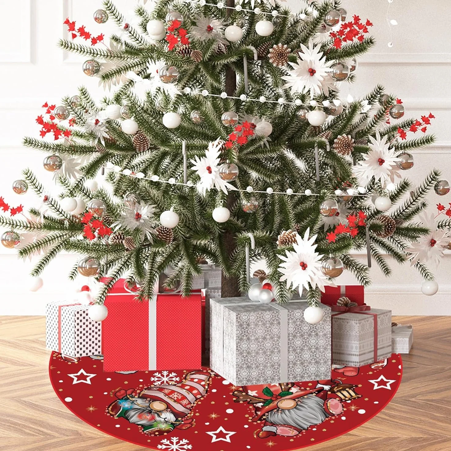 Jupe Sapin De Noël 120cm Couvre Pied Rond Rouge Motif GNOME Tapis Décorations Fête