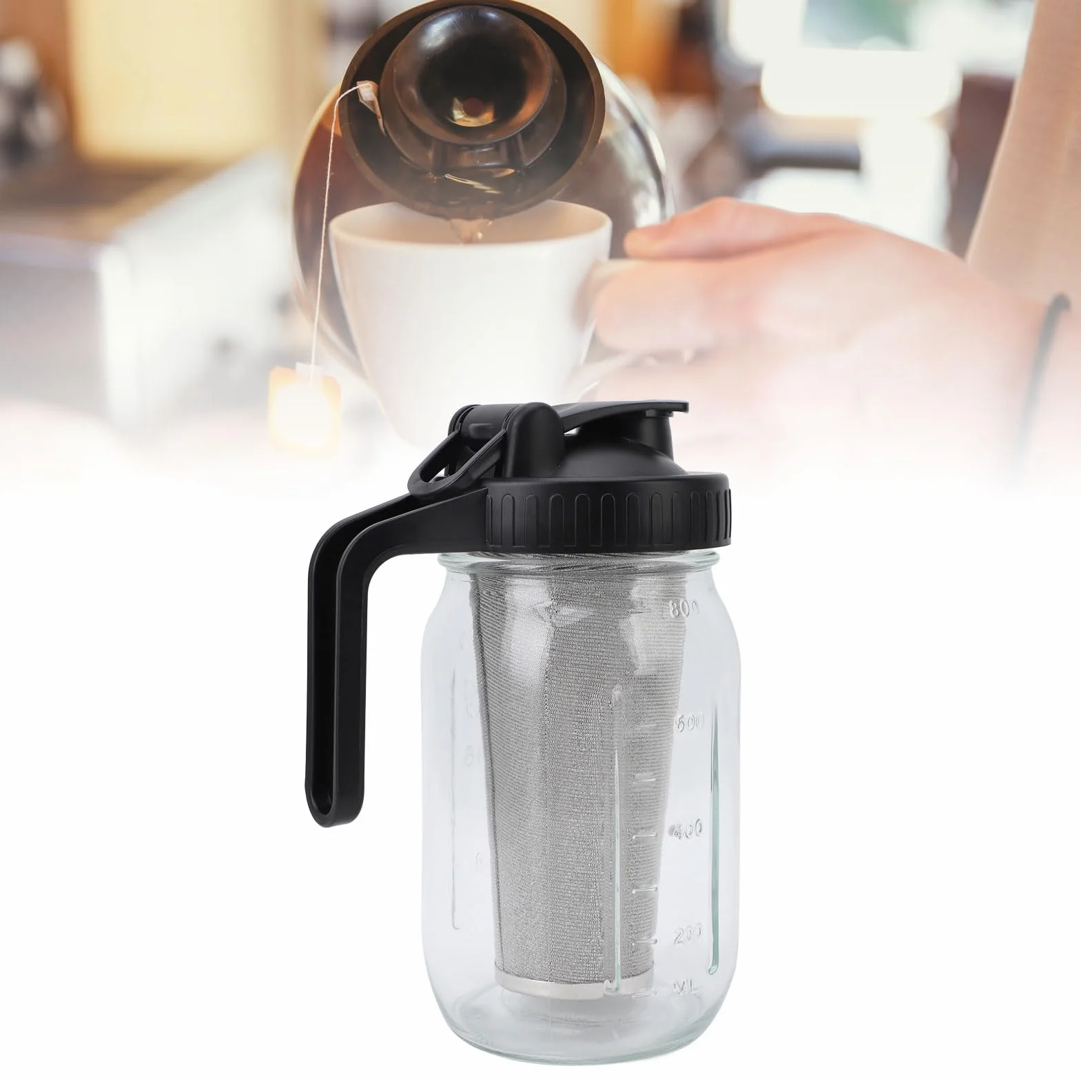 Carafe en Verre pour Cafetière à Froid avec Filtre en Acier Inoxydable et Couvercle Bec, 1000ml
