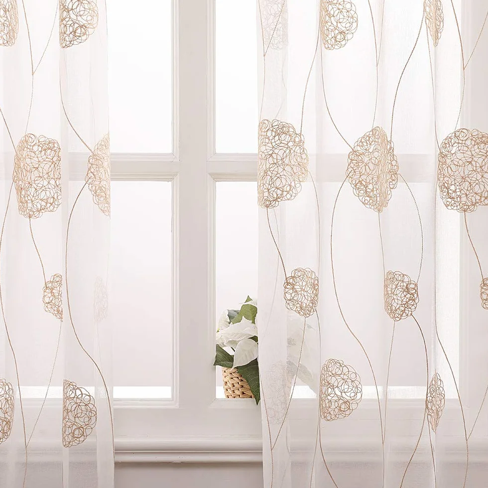 MIULEE Rideau Voilage Blanc à Oeillets avec Or Motif Broderie, Lot de 2 Rideaux Tulle Transparent 140x225cm pour Salon Chambre