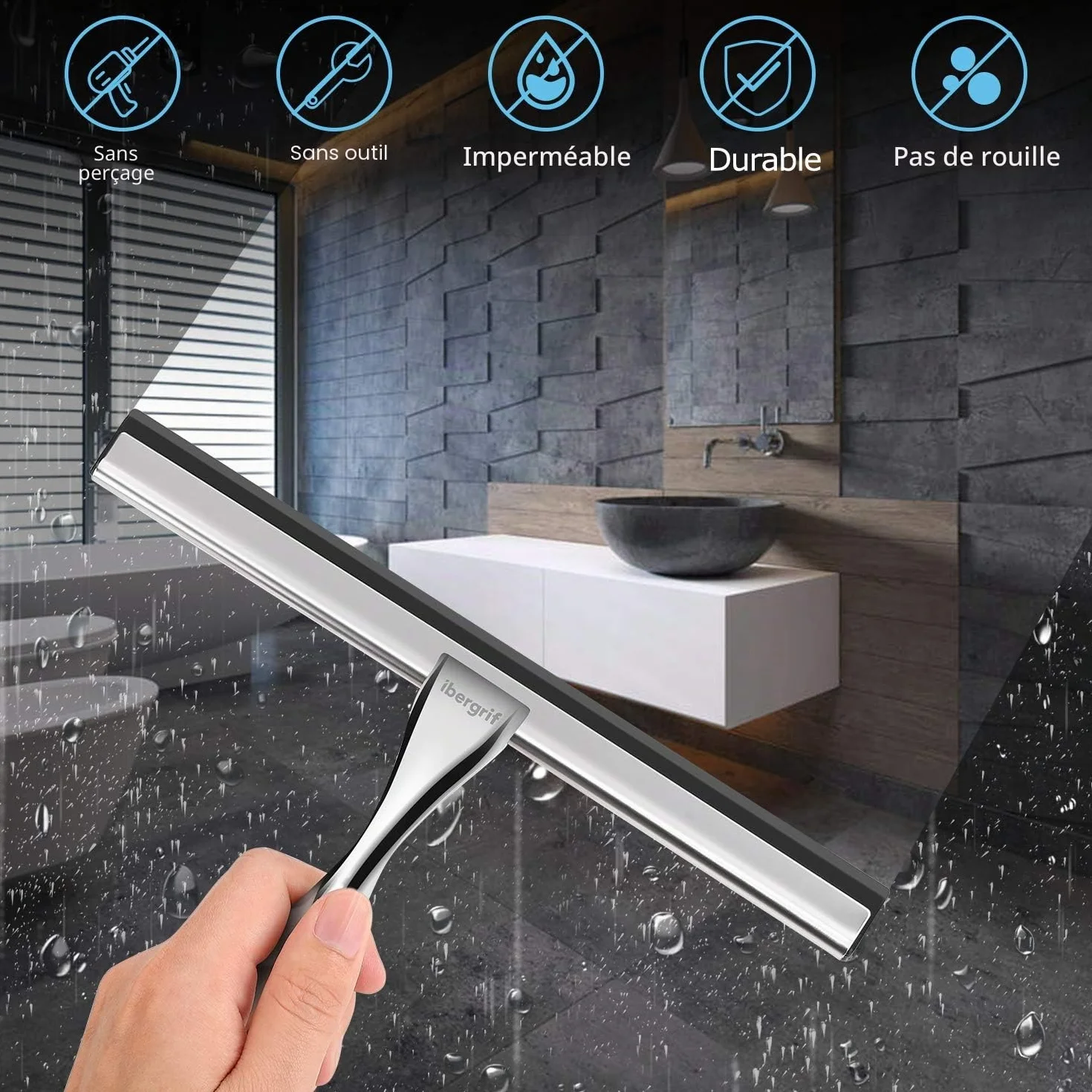 Ibergrif M34101 Raclette de Douche Acier Crochet Mural Essuie-Glace Salle de Bain Auto-Adhésif