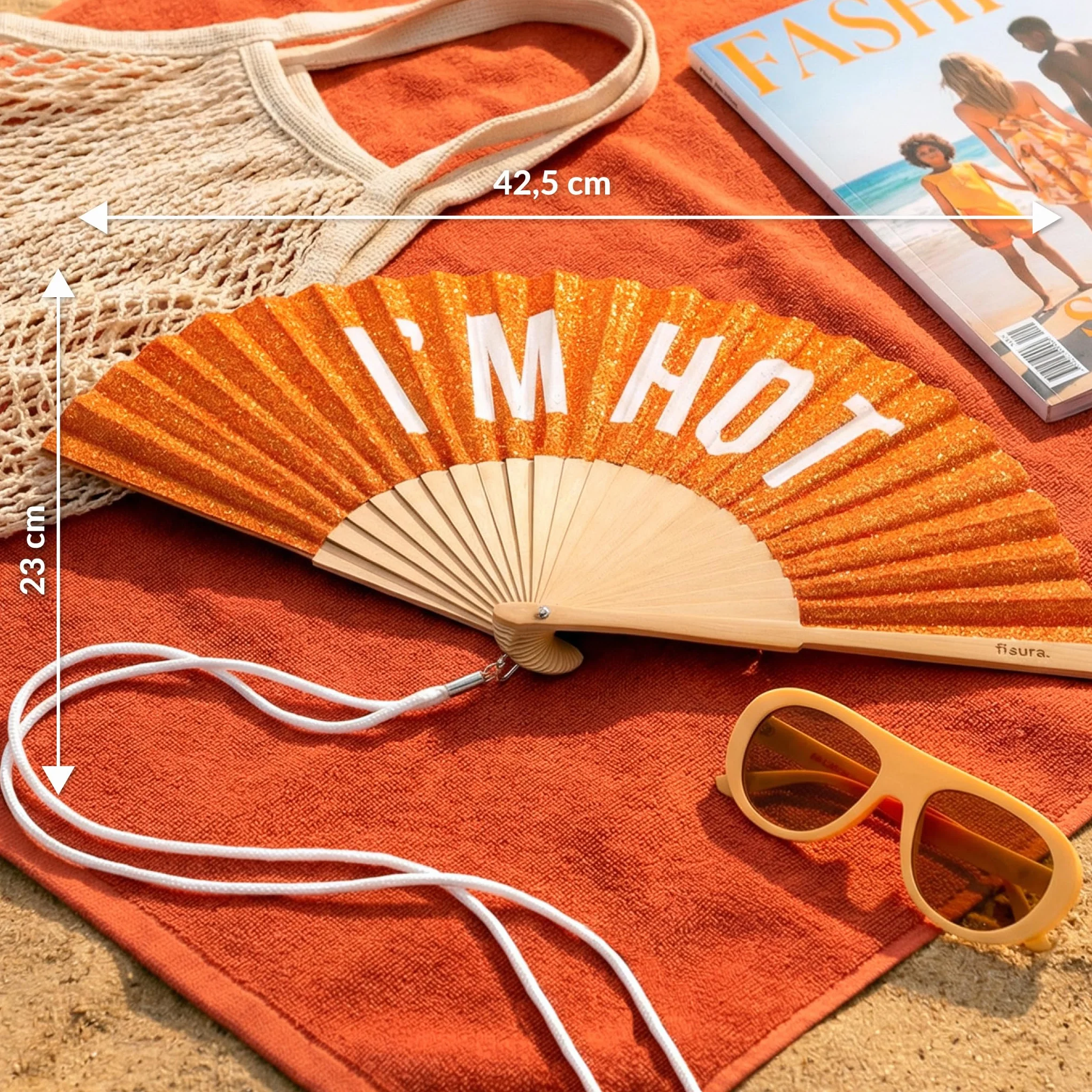 Éventail Original I'm Hot en Bois Moderne Orange Pailleté 42,5 x 23 cm