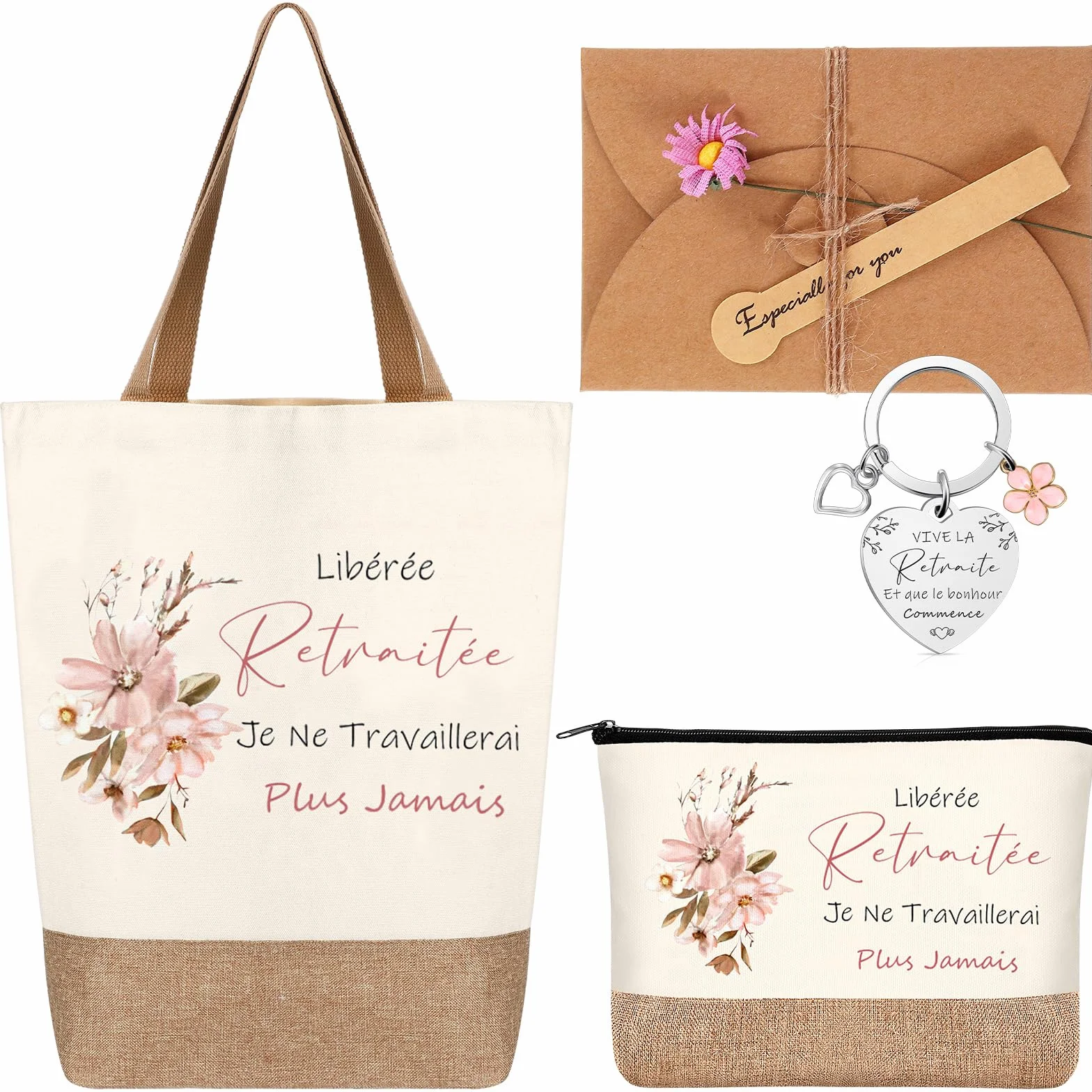Cadeau Retraite Femme Sac à Main Tote Bag Trousse à Maquillage Pochette Cosmétique Porte-Clés Enveloppe avec Fleur