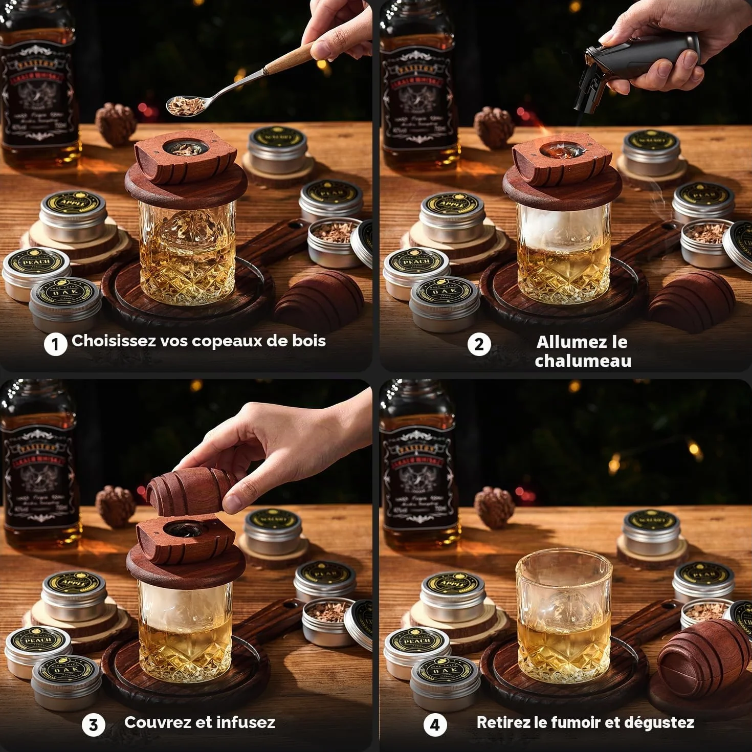Kit de Fumoir pour Whisky avec Chalumeau - 6 Arômes de Copeaux de Bois, 2 Verres, 2 Moules à Glaçons Sphériques - Kit Fumoir Cocktail, Cadeau Homme