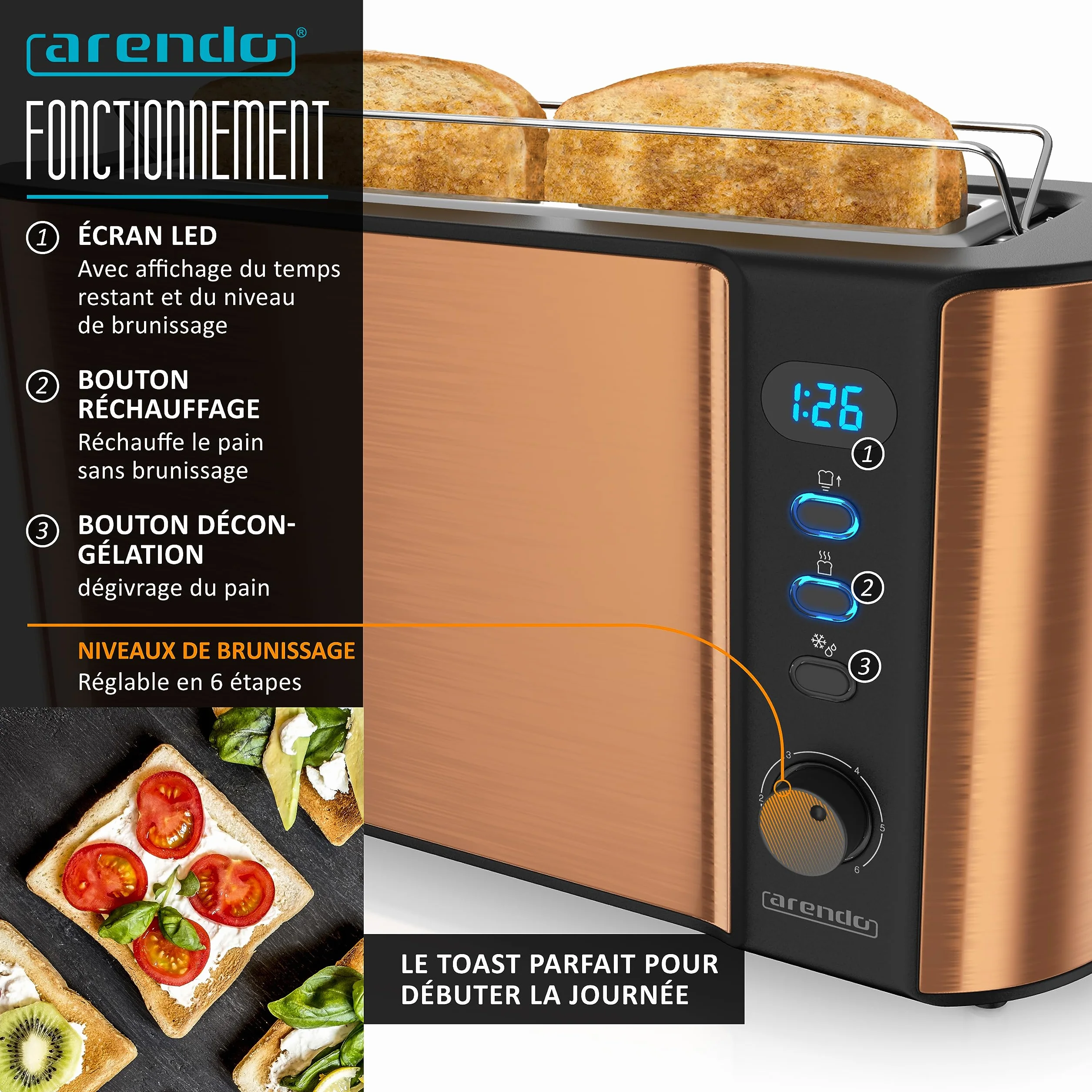Ensemble bouilloire et grille-pain électrique inox 1,7L 2200W grille-pain 2 tranches LED 6 niveaux cuivre