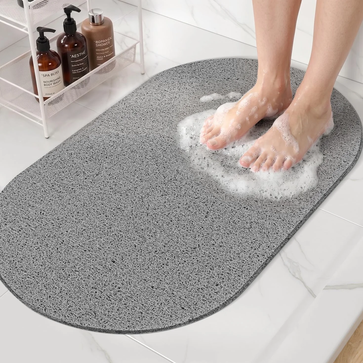 HITSLAM Tapis de Douche Ovale Antidérapant Anti-Moisissure 69x40cm Gris