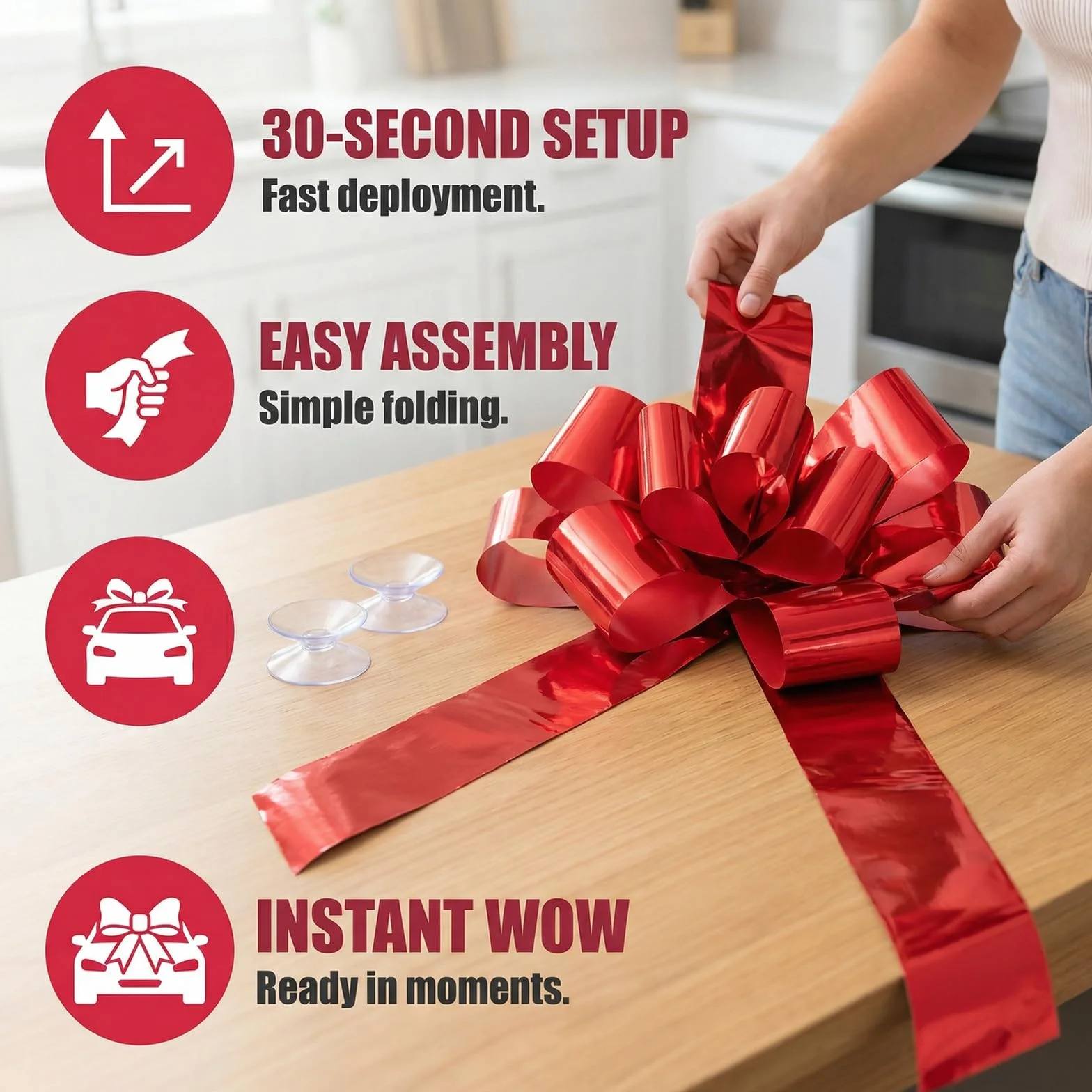Grand Nœud Rouge 76 cm, Noeud Géant Décoratif pour Cadeau Voiture Mariage Anniversaire Noël