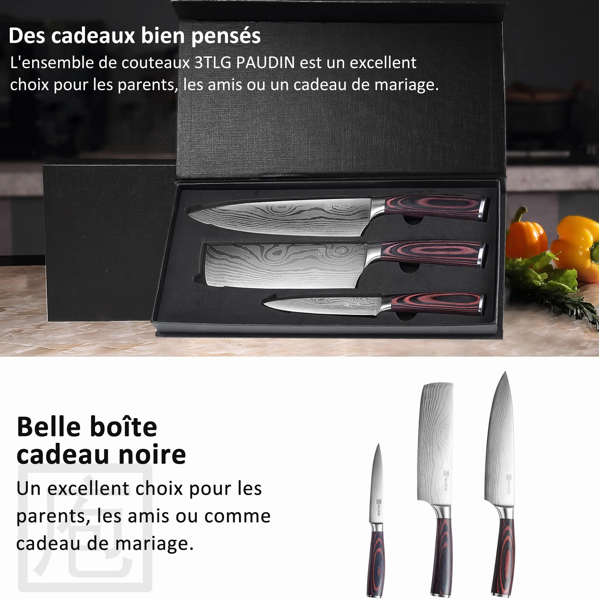 PAUDIN Couteau Cuisine Professionnel Acier Inoxydable Allemand 20cm 17cm 13cm