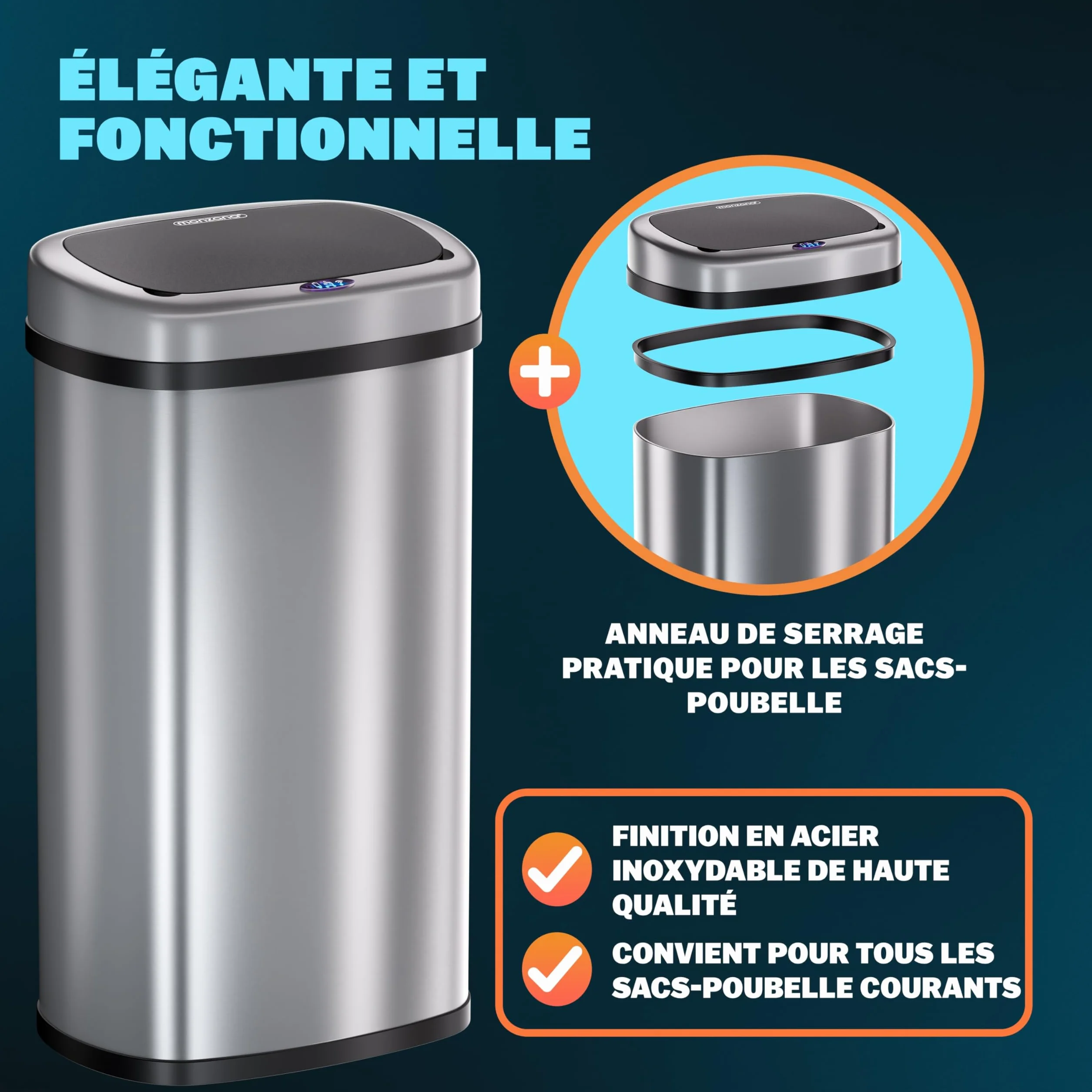 Monzana Poubelle automatique acier inoxydable 58 L capteur de mouvement USB argent