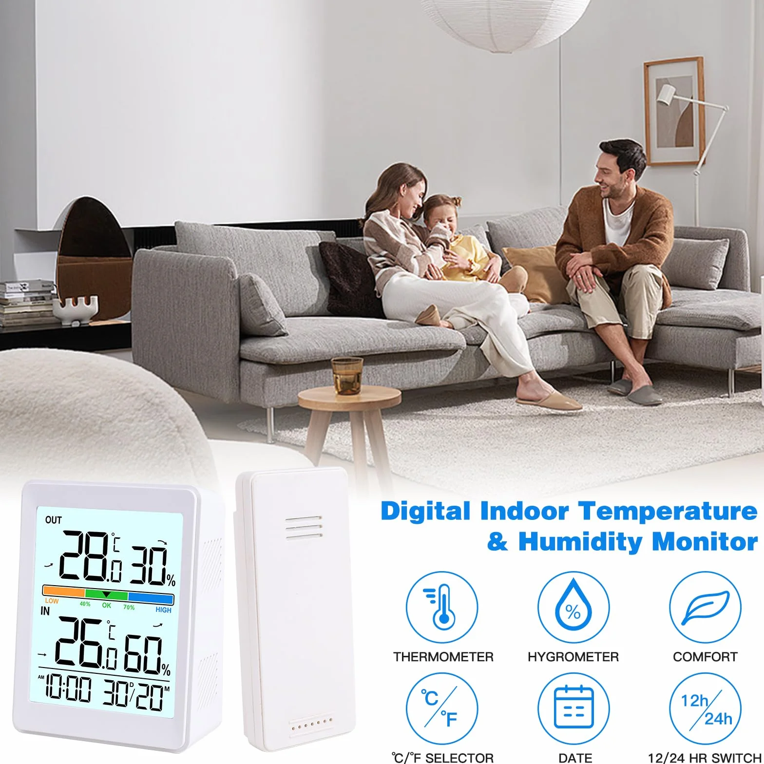 Thermomètre Intérieur Extérieur Sans Fil avec Humidité, Horloge, Date, Rétroéclairage Intelligent, °C/°F Commutable