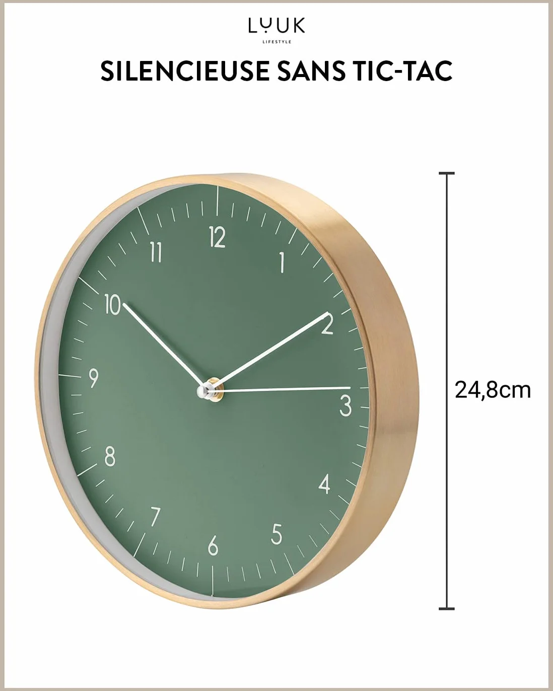 LUUK LIFESTYLE Horloge Murale Silencieuse Design Moderne 24 cm Vert et Doré