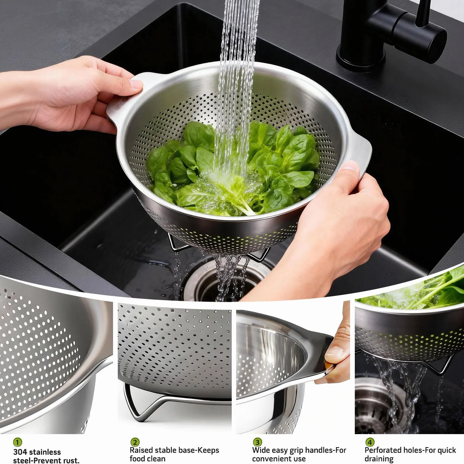 Passoire de cuisine en acier inoxydable 2 poignées grande passoire micro-perforée pour pâtes légumes